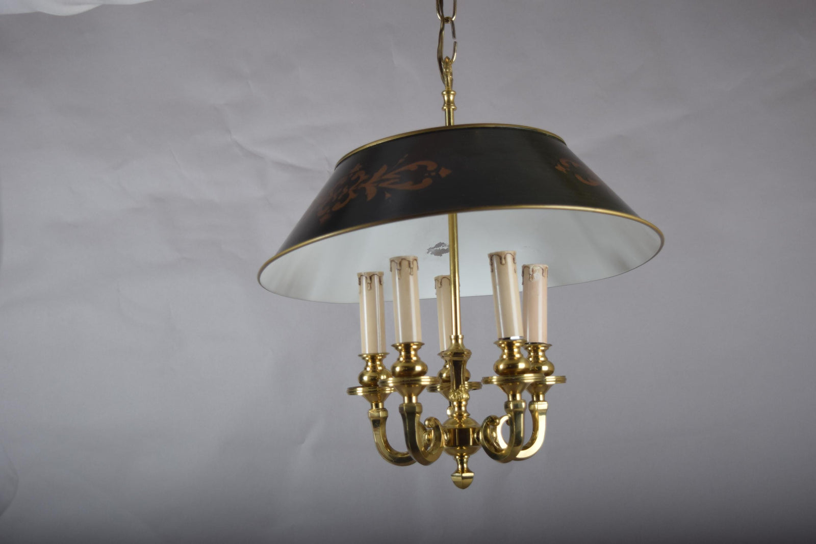 Vintage Brass 5-Light Pendant Chandelier, Bouillotte Style — Painted Tôle Shade, 1980s