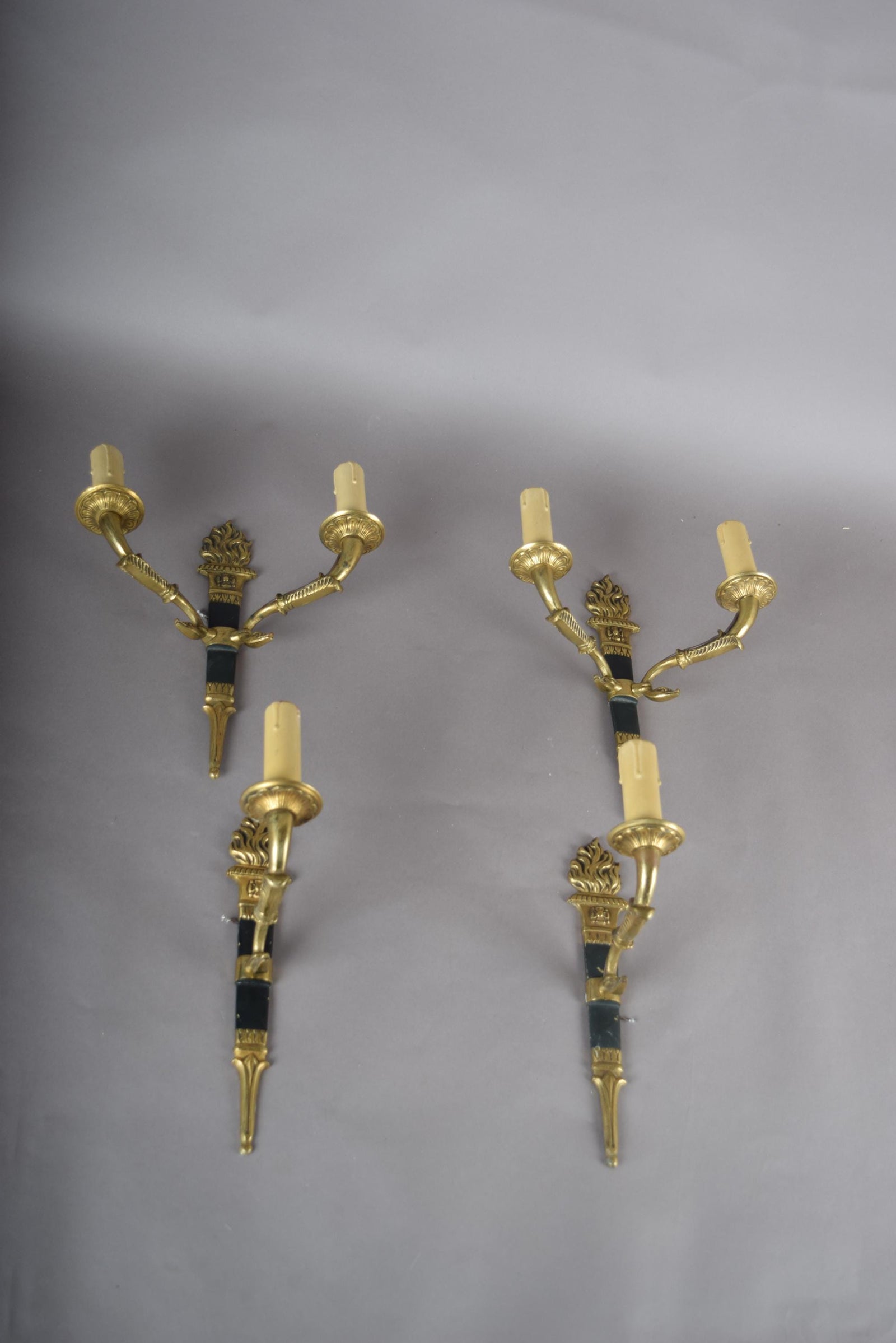 Ornate Gilt Bronze Torch-Form Wall Sconces, Empire Style, Set of Four (Mixed Arm Configuration)