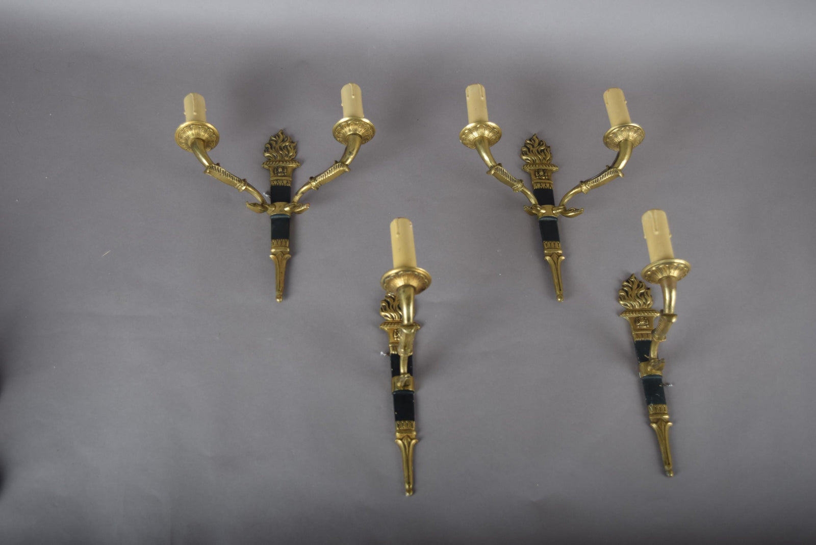Ornate Gilt Bronze Torch-Form Wall Sconces, Empire Style, Set of Four (Mixed Arm Configuration)