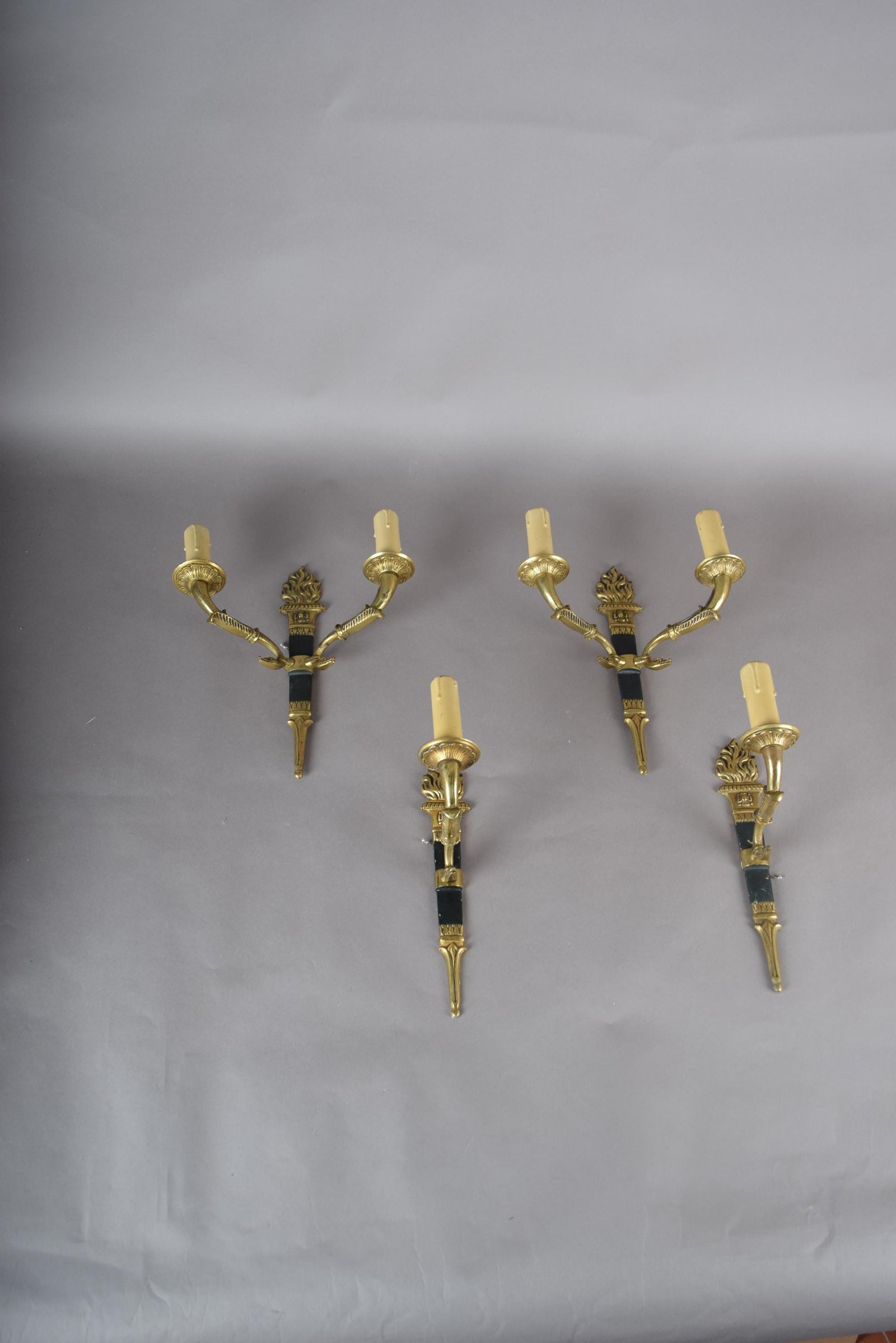 Ornate Gilt Bronze Torch-Form Wall Sconces, Empire Style, Set of Four (Mixed Arm Configuration)