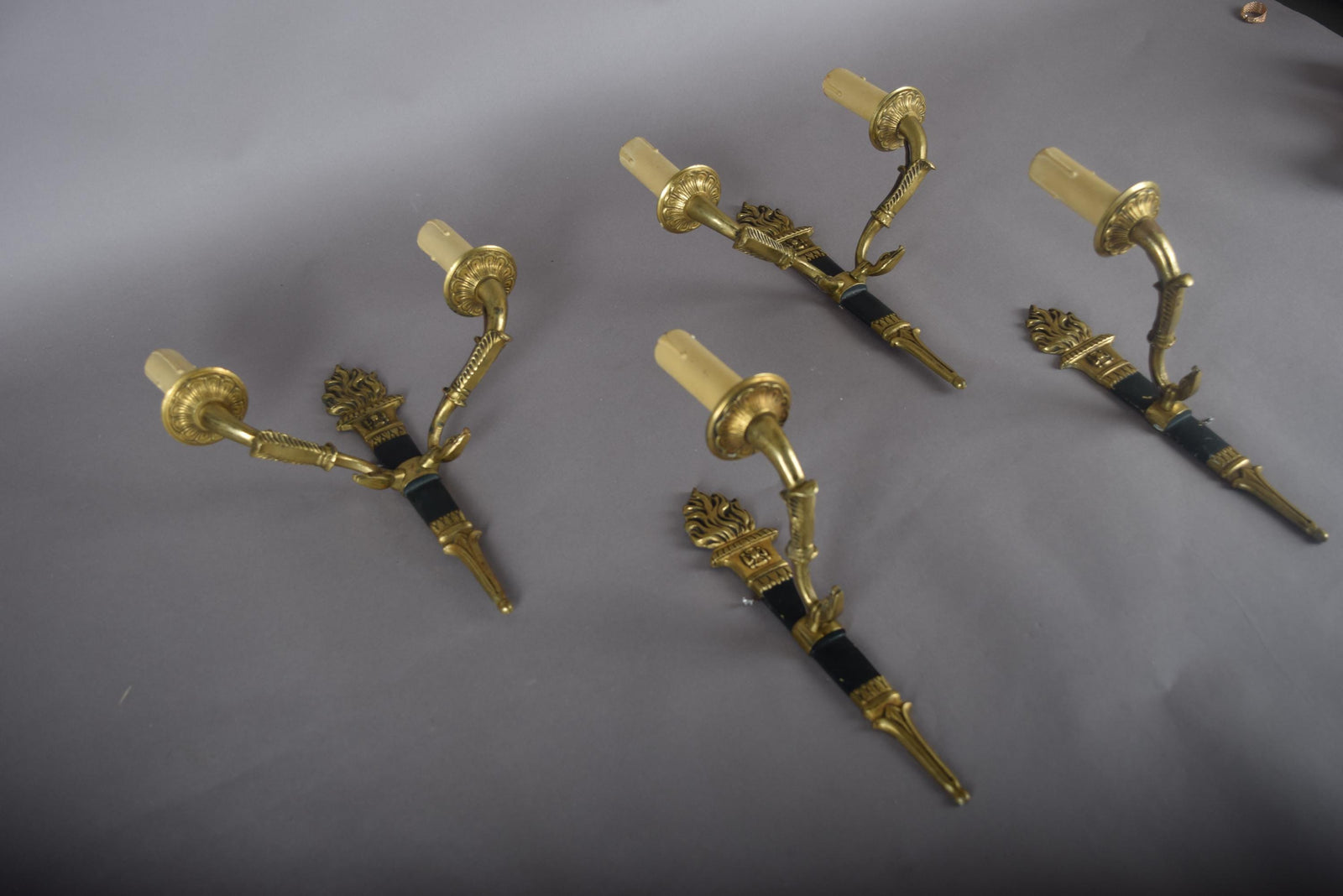 Ornate Gilt Bronze Torch-Form Wall Sconces, Empire Style, Set of Four (Mixed Arm Configuration)