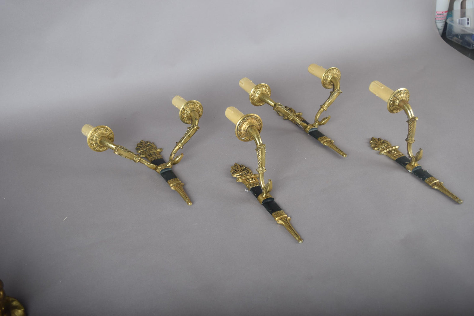 Ornate Gilt Bronze Torch-Form Wall Sconces, Empire Style, Set of Four (Mixed Arm Configuration)