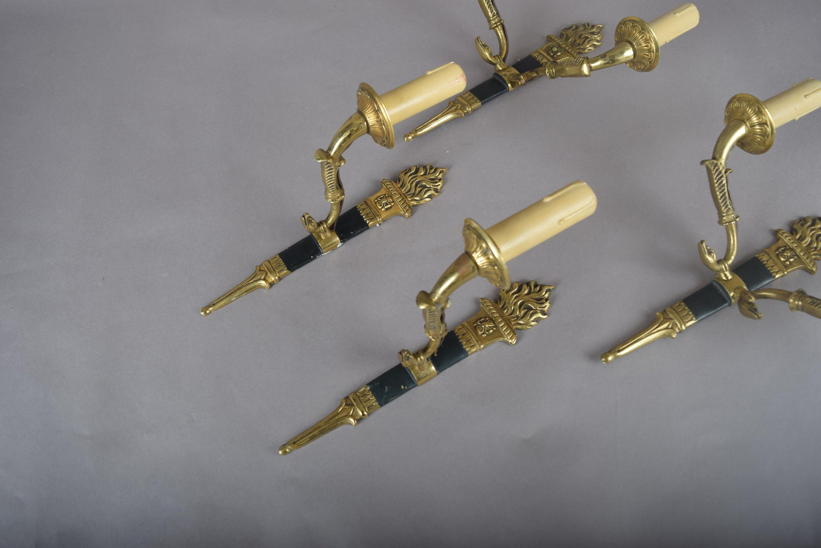 Ornate Gilt Bronze Torch-Form Wall Sconces, Empire Style, Set of Four (Mixed Arm Configuration)