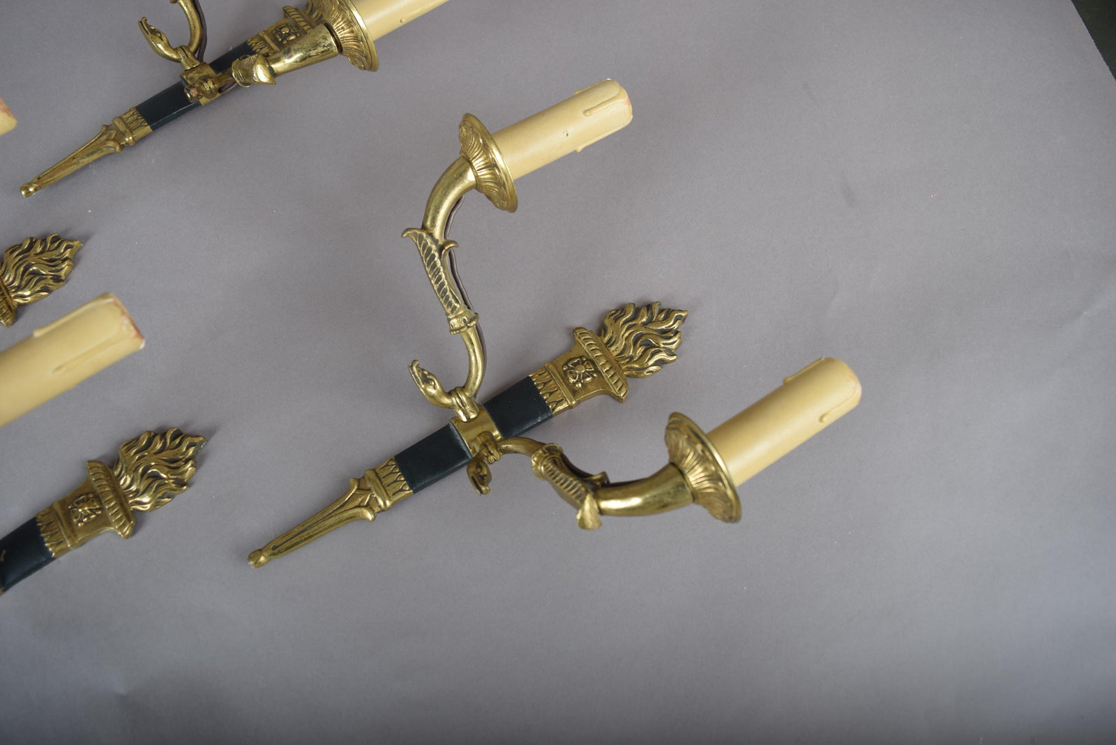 Ornate Gilt Bronze Torch-Form Wall Sconces, Empire Style, Set of Four (Mixed Arm Configuration)