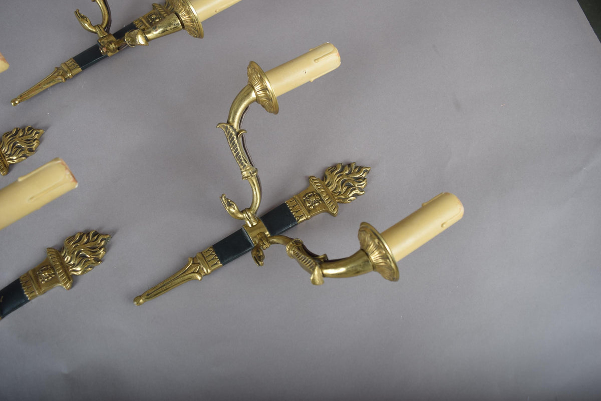 Ornate Gilt Bronze Torch-Form Wall Sconces, Empire Style, Set of Four (Mixed Arm Configuration)