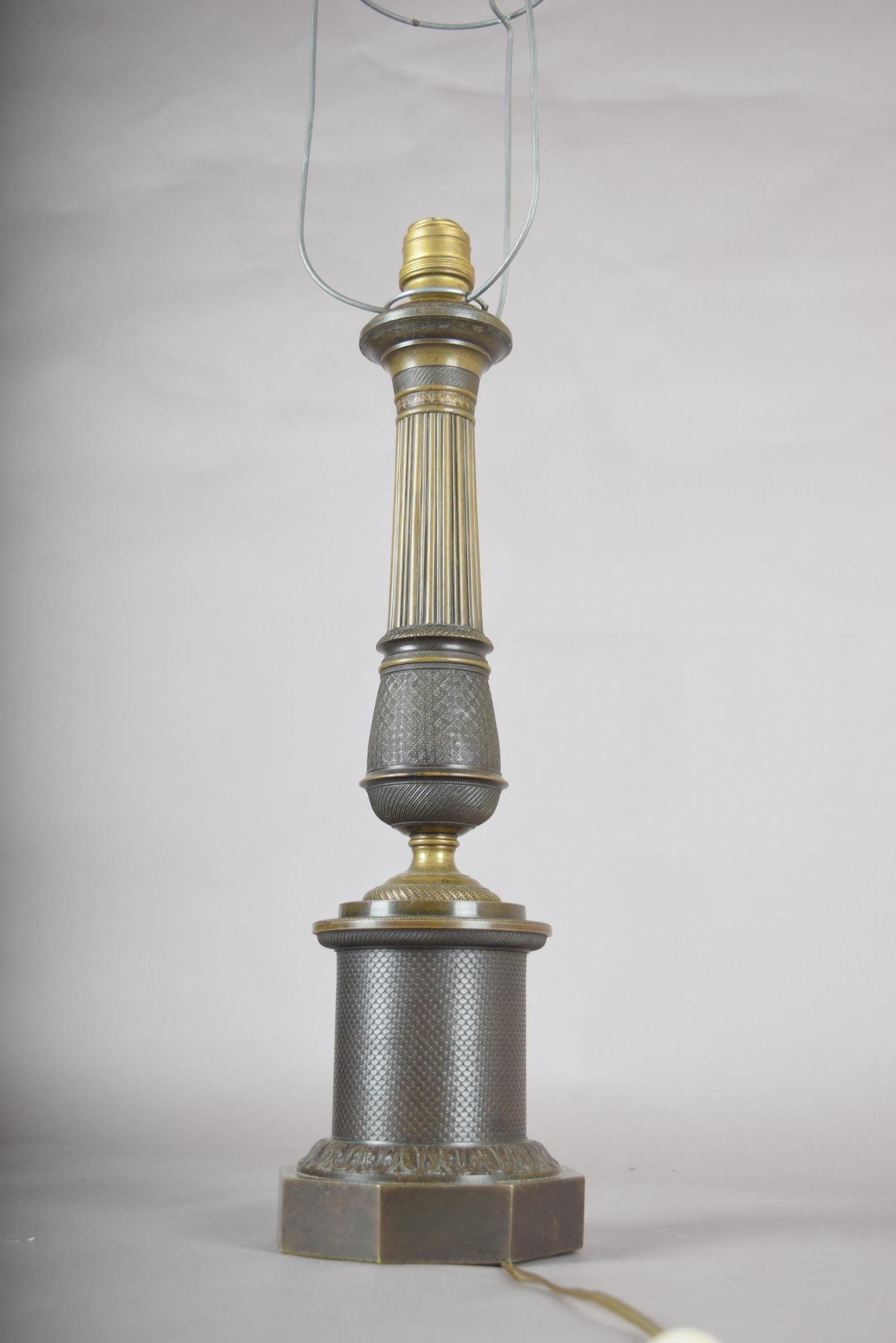 Antique Bronze Column Table Lamp, Hexagonal Base — Neoclassical, 19th Century