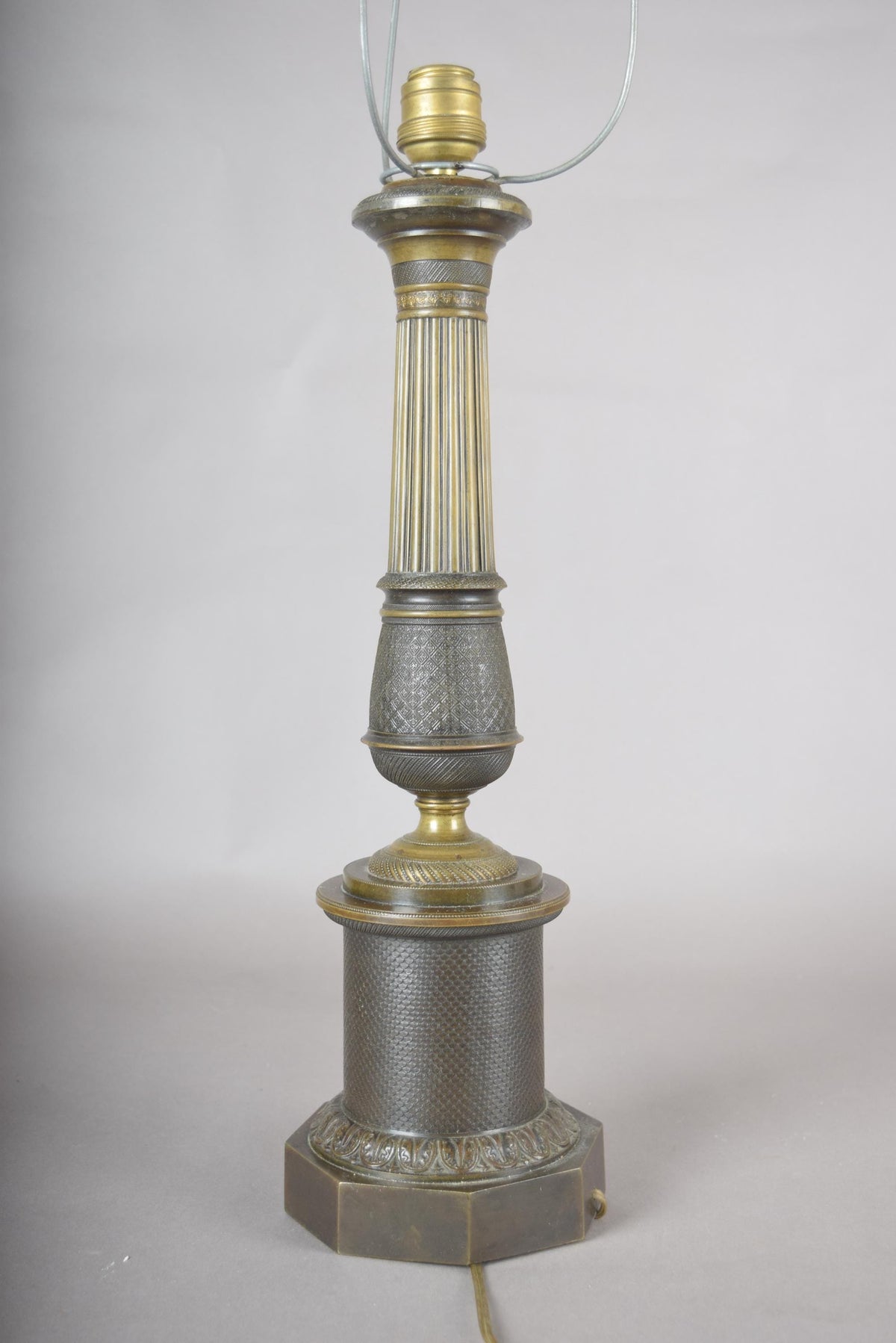 Antique Bronze Column Table Lamp, Hexagonal Base — Neoclassical, 19th Century