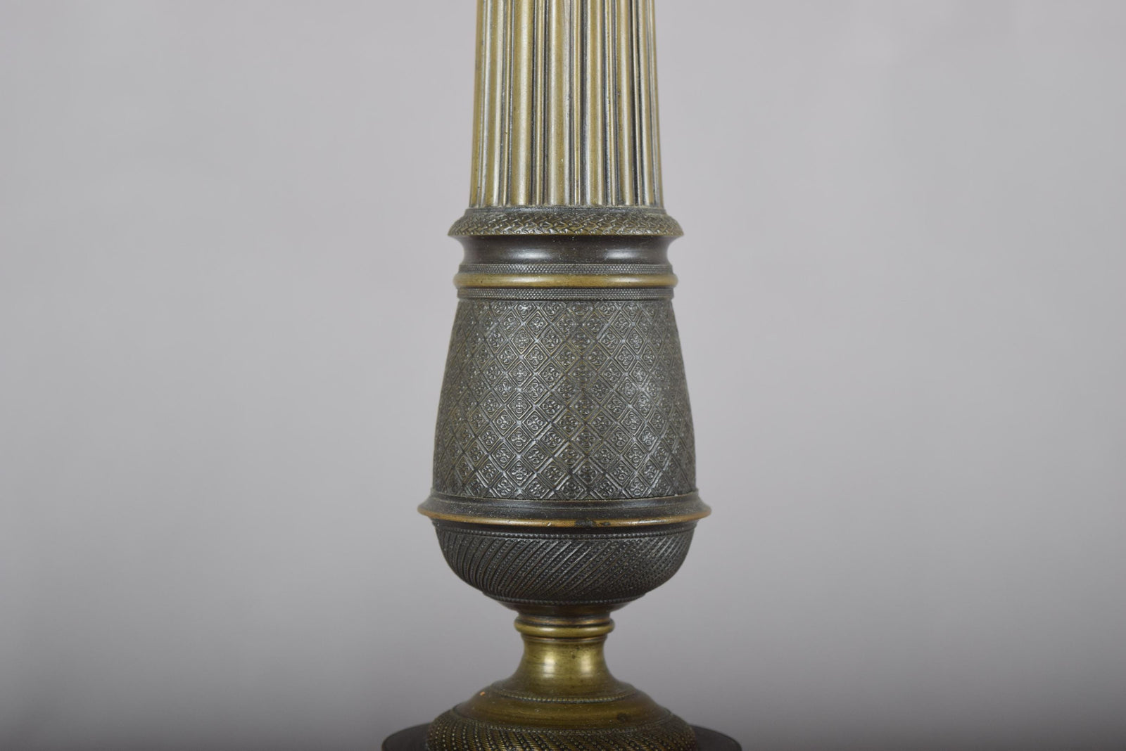 Antique Bronze Column Table Lamp, Hexagonal Base — Neoclassical, 19th Century