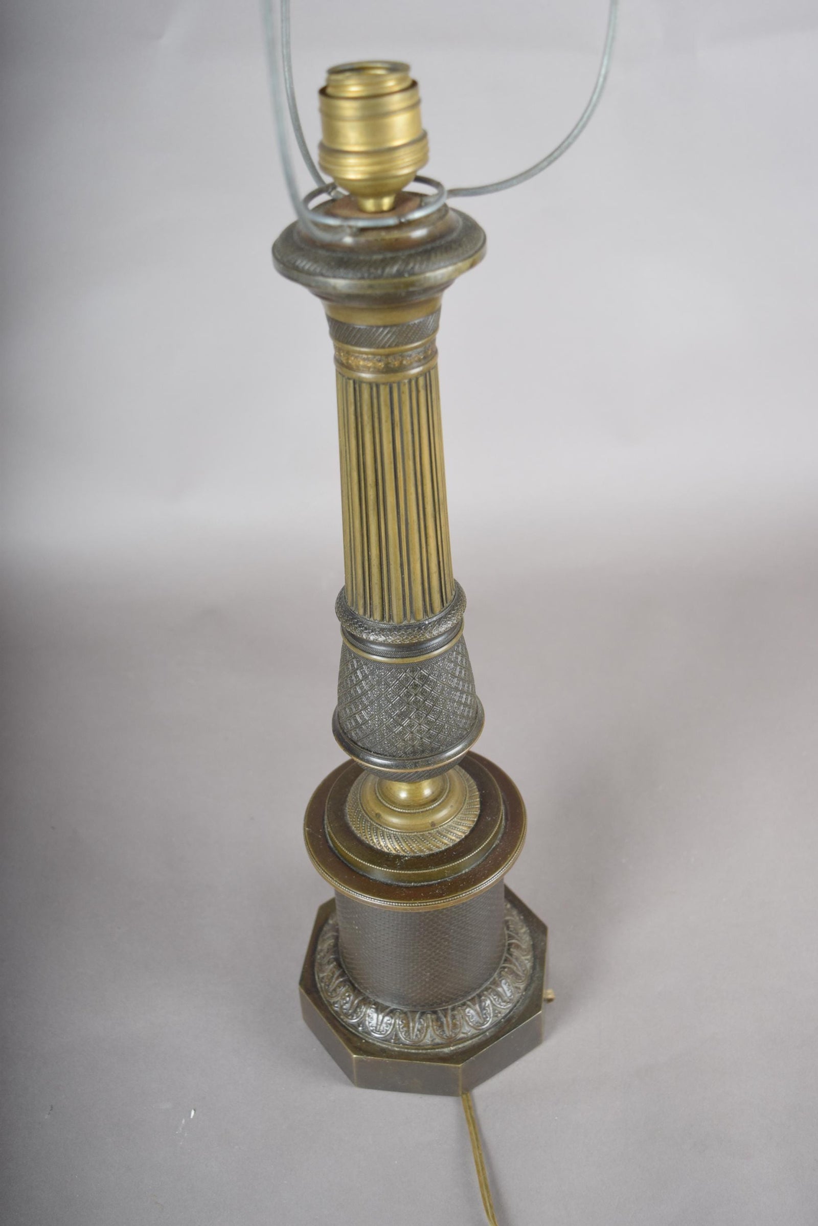 Antique Bronze Column Table Lamp, Hexagonal Base — Neoclassical, 19th Century