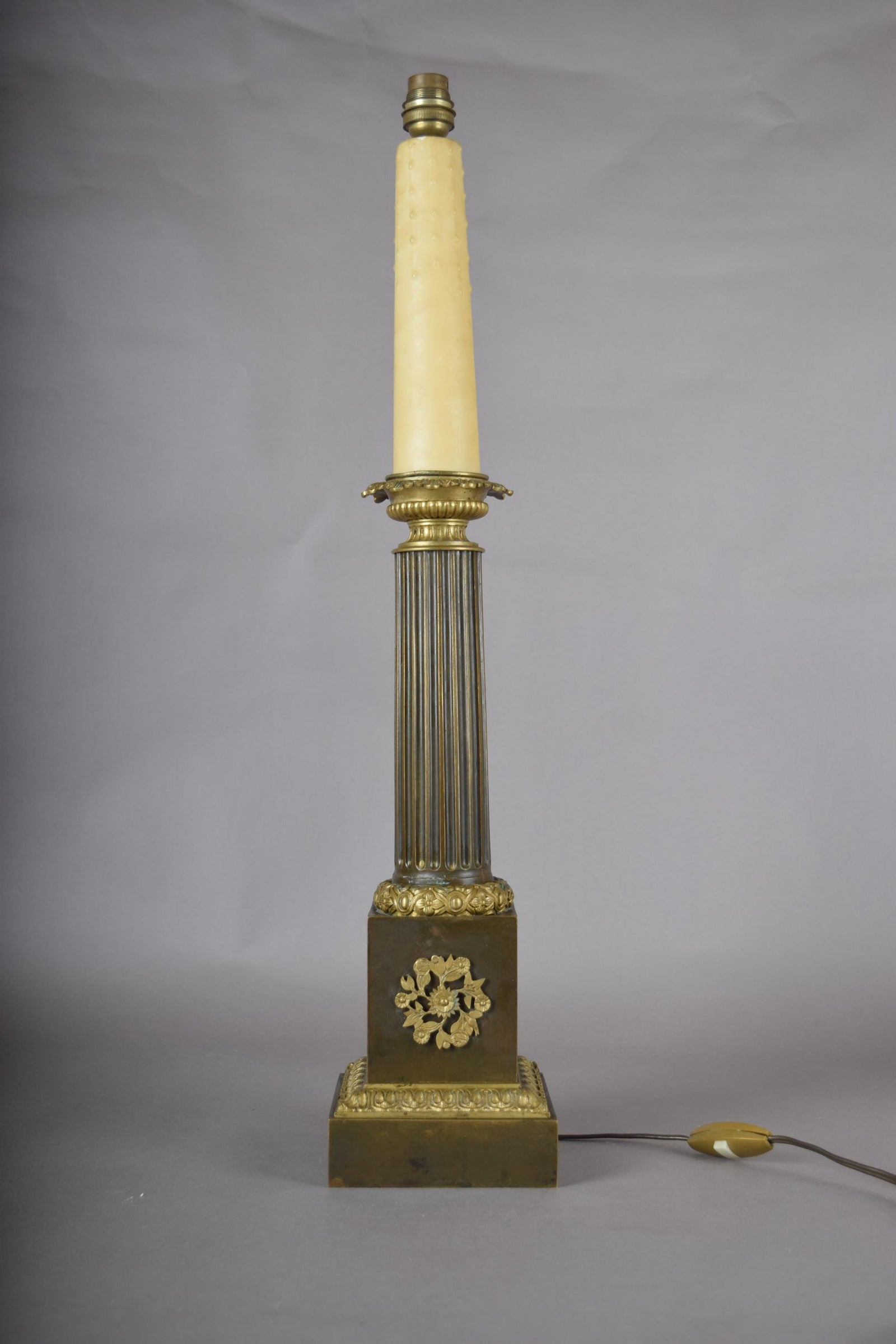Antique Bronze Column Table Lamp, Gilt Floral Accents, Neoclassical Style, 19th Century