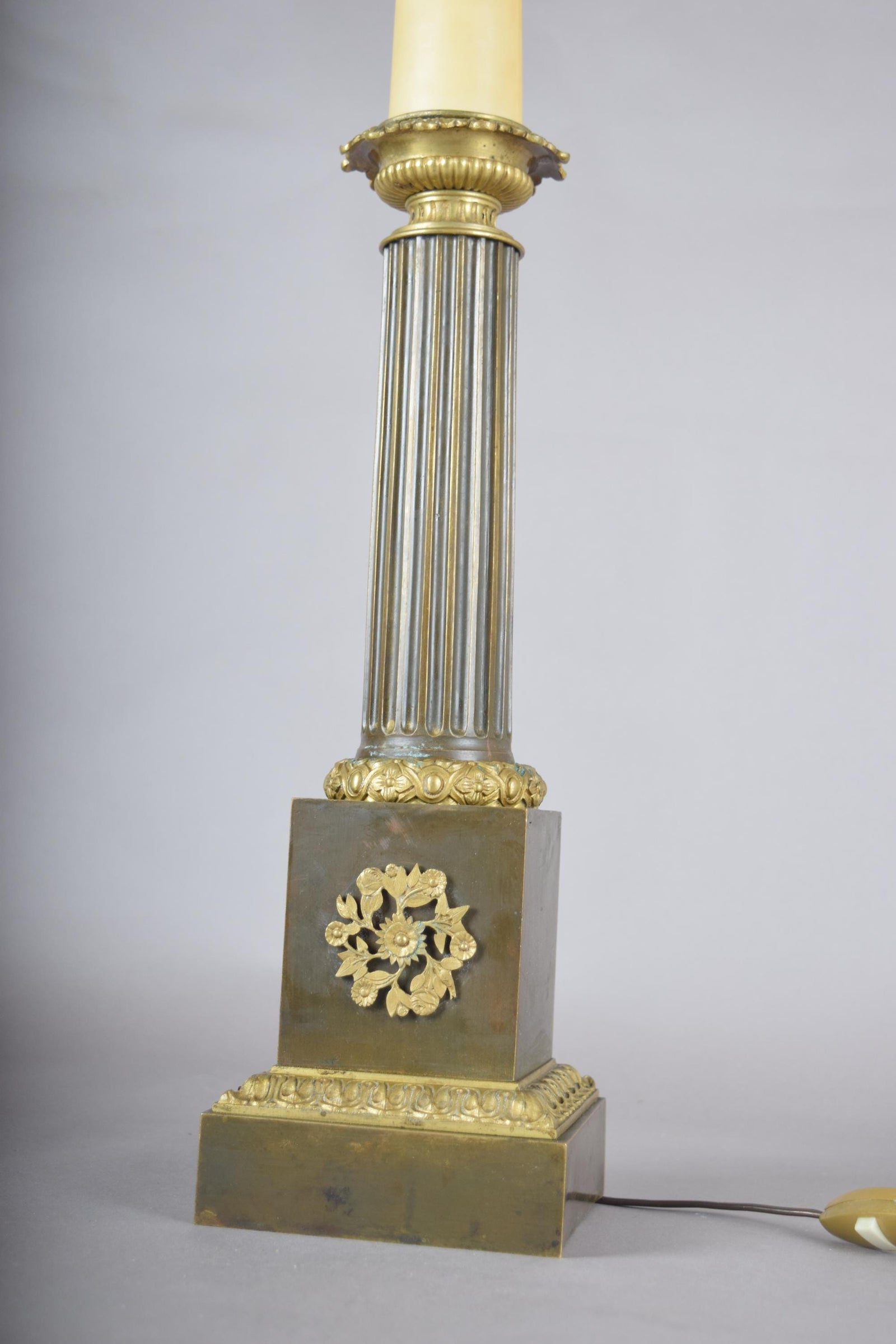 Antique Bronze Column Table Lamp, Gilt Floral Accents, Neoclassical Style, 19th Century
