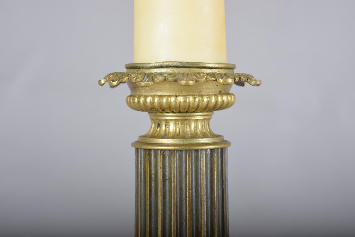 Antique Bronze Column Table Lamp, Gilt Floral Accents, Neoclassical Style, 19th Century