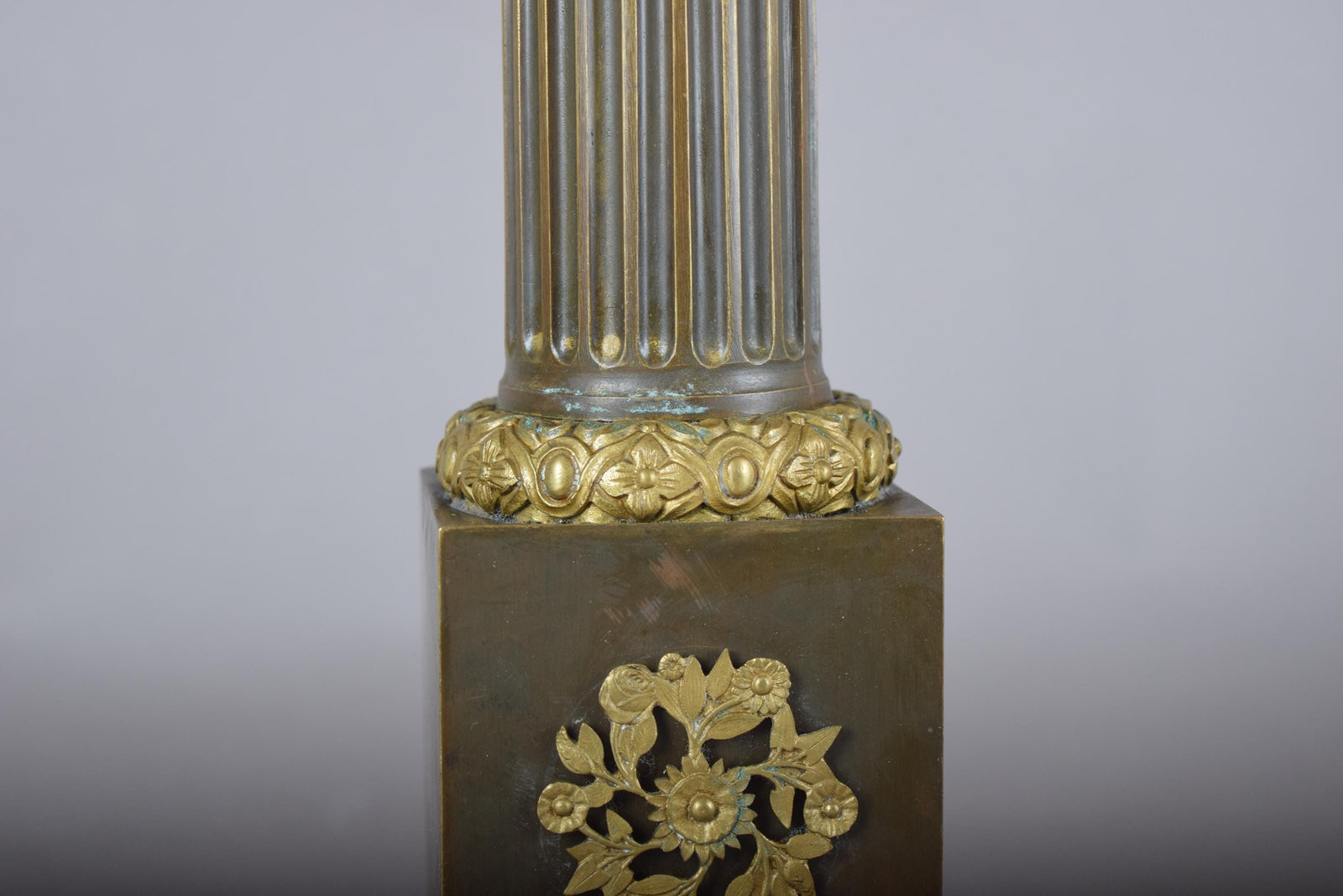 Antique Bronze Column Table Lamp, Gilt Floral Accents, Neoclassical Style, 19th Century