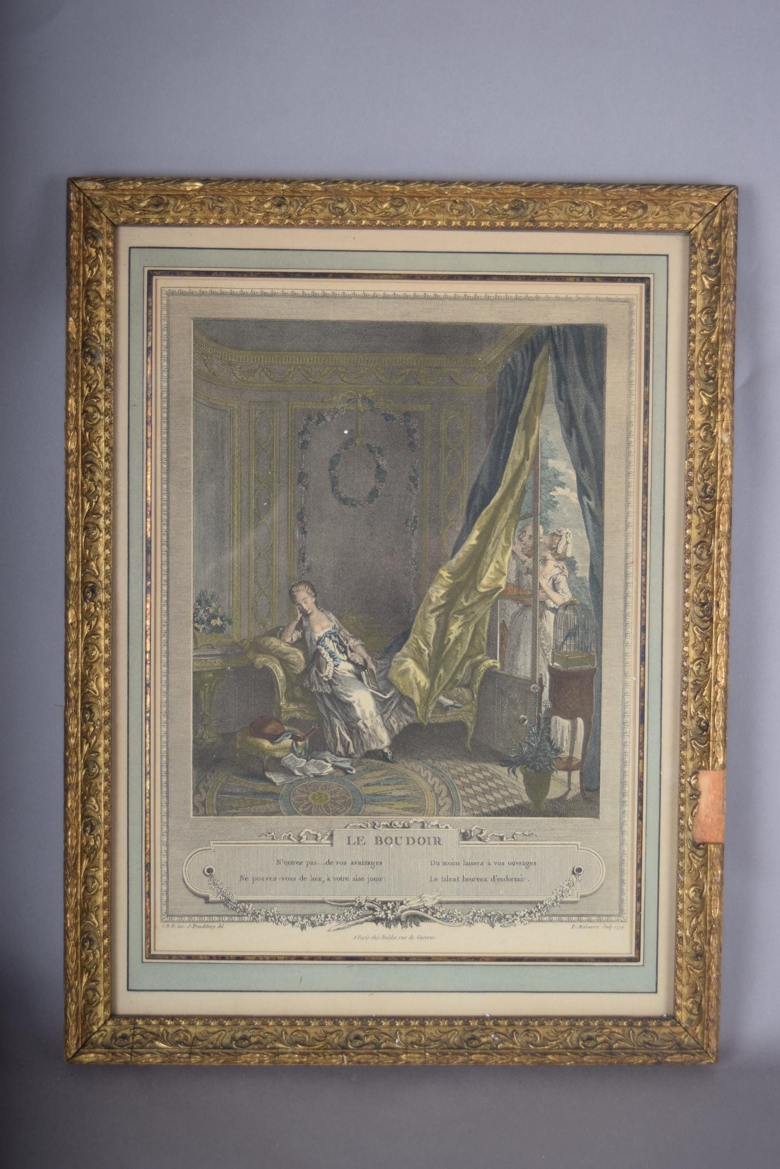 Antique Hand-Colored Engraving "Le Boudoir," P. Malœuvre after Freudenberg, 1774, Carved Giltwood Frame