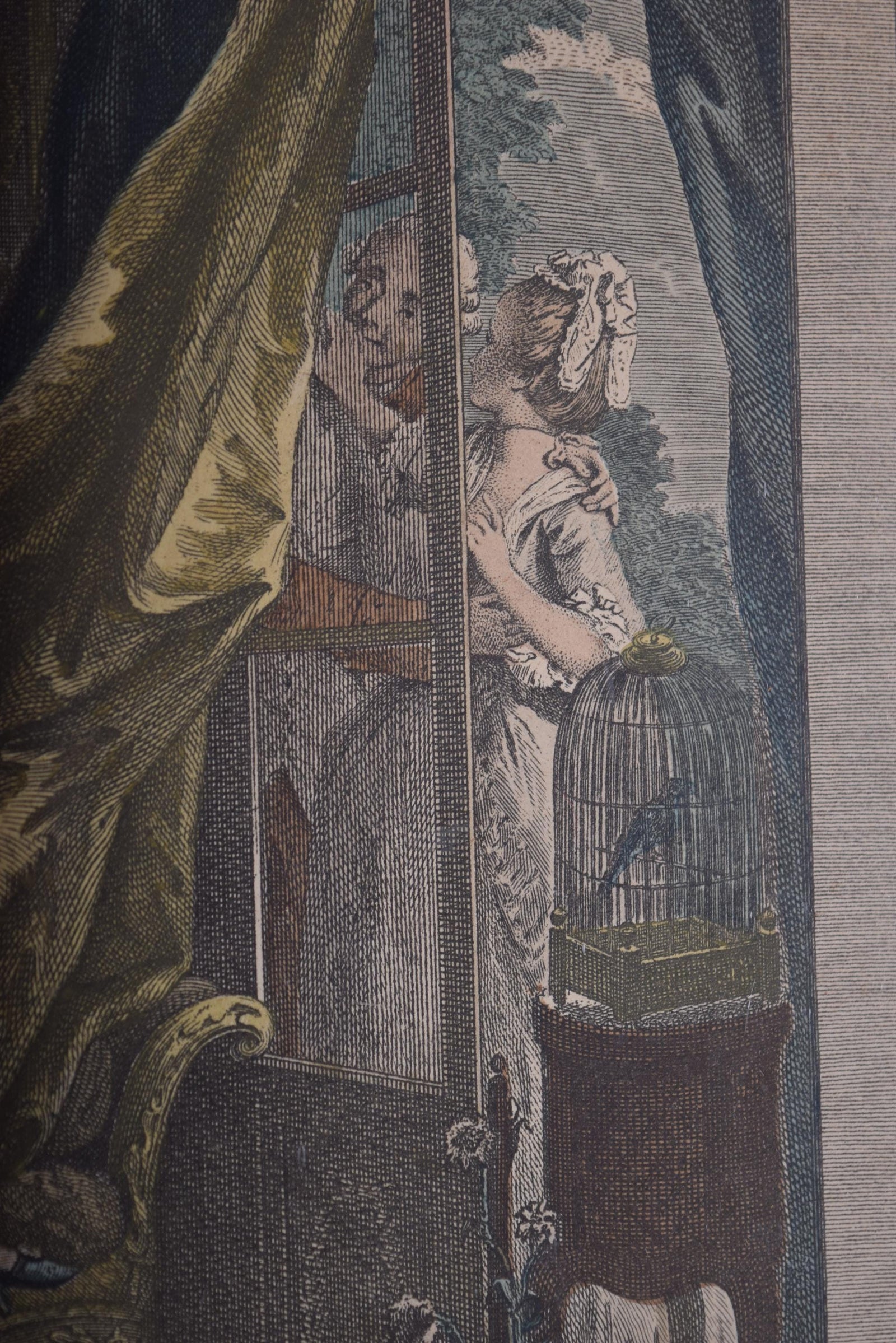 Antique Hand-Colored Engraving "Le Boudoir," P. Malœuvre after Freudenberg, 1774, Carved Giltwood Frame