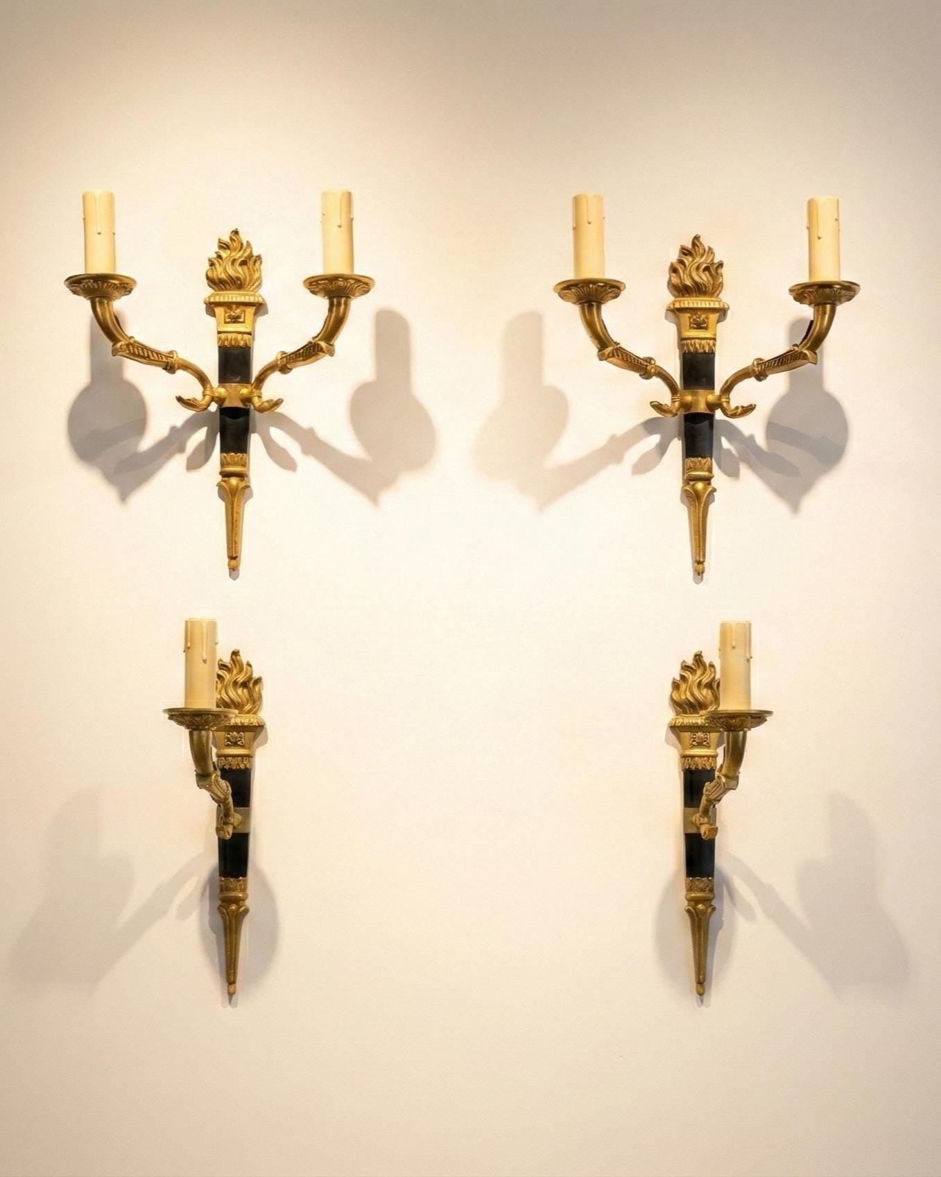 Ornate Gilt Bronze Torch-Form Wall Sconces, Empire Style, Set of Four (Mixed Arm Configuration)