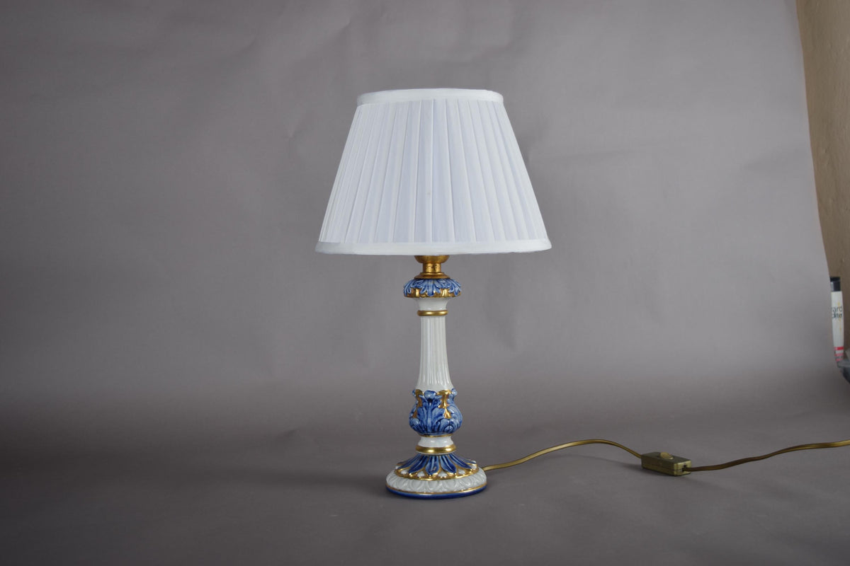 Vintage Blue and White Ceramic Table Lamp, Gilt Fluted Column — Pleated Shade Included