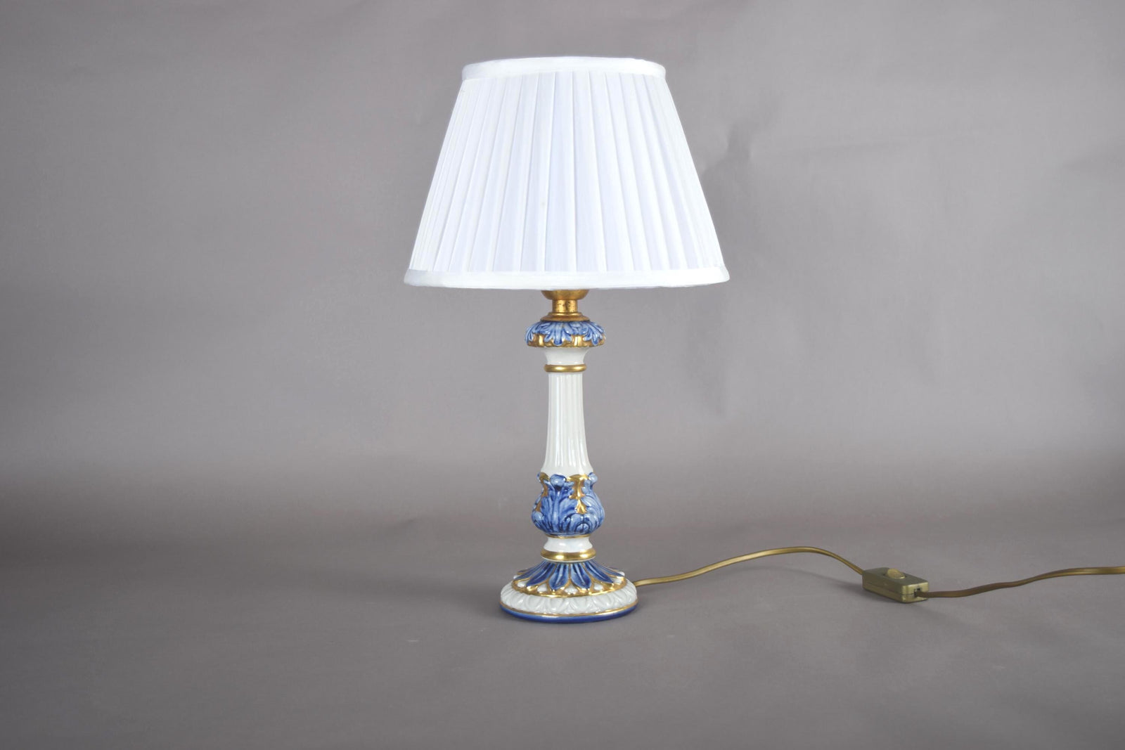 Vintage Blue and White Ceramic Table Lamp, Gilt Fluted Column — Pleated Shade Included