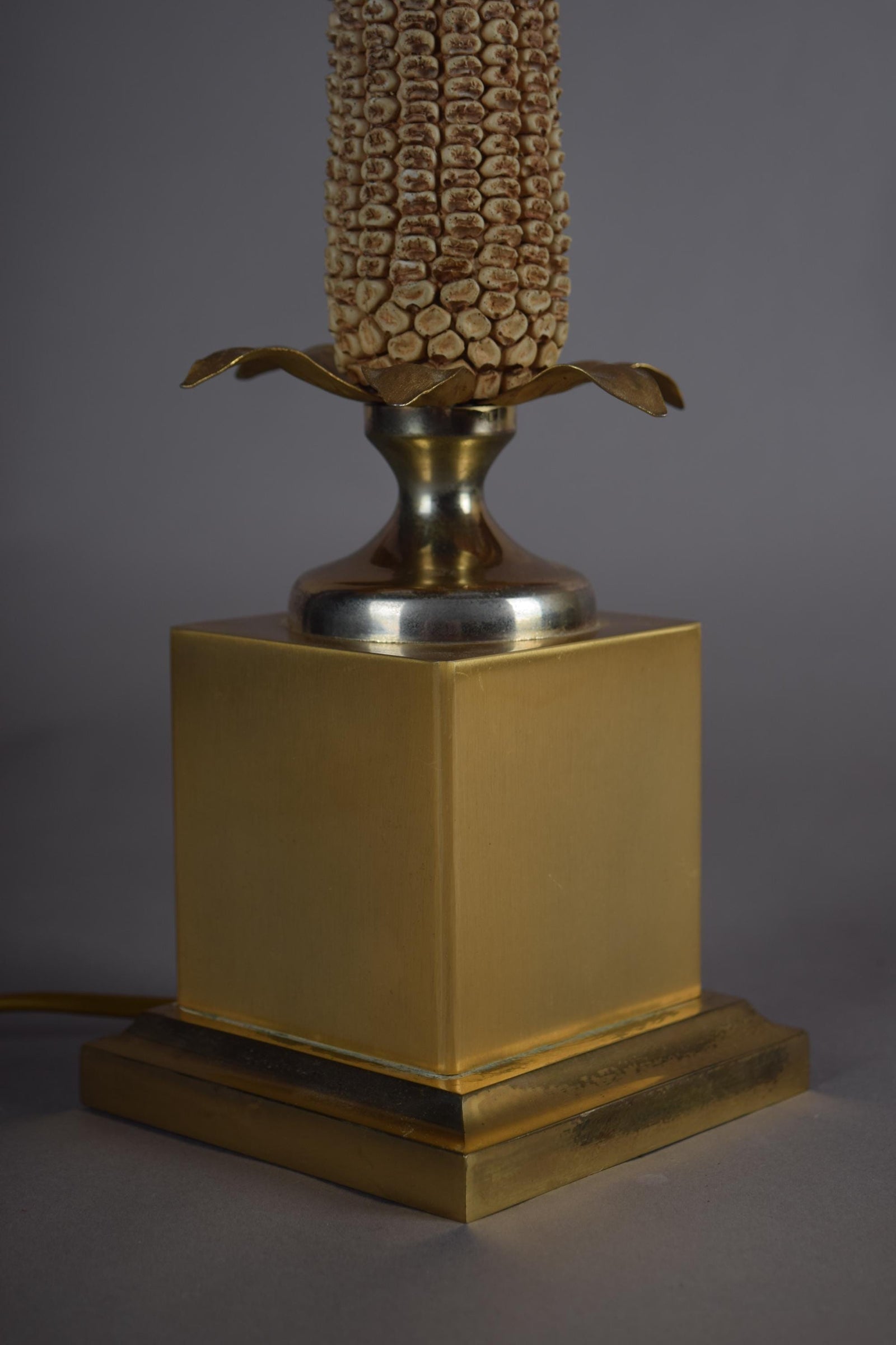 Mid-Century Brass Corn Table Lamp with Pleated Shade, 1970s