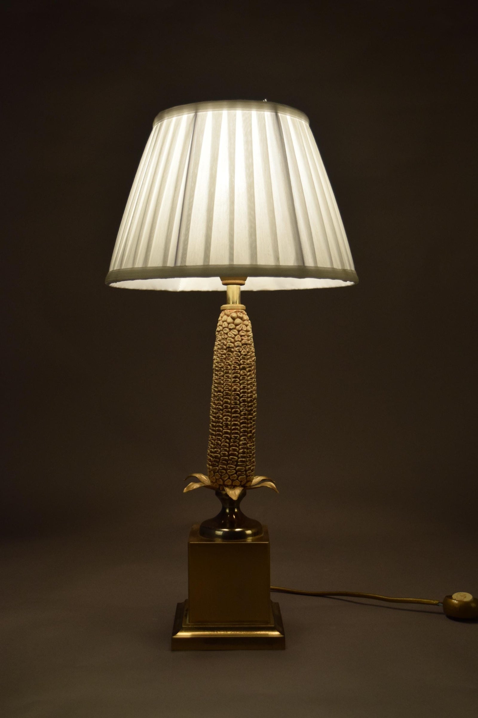 Mid-Century Brass Corn Table Lamp with Pleated Shade, 1970s