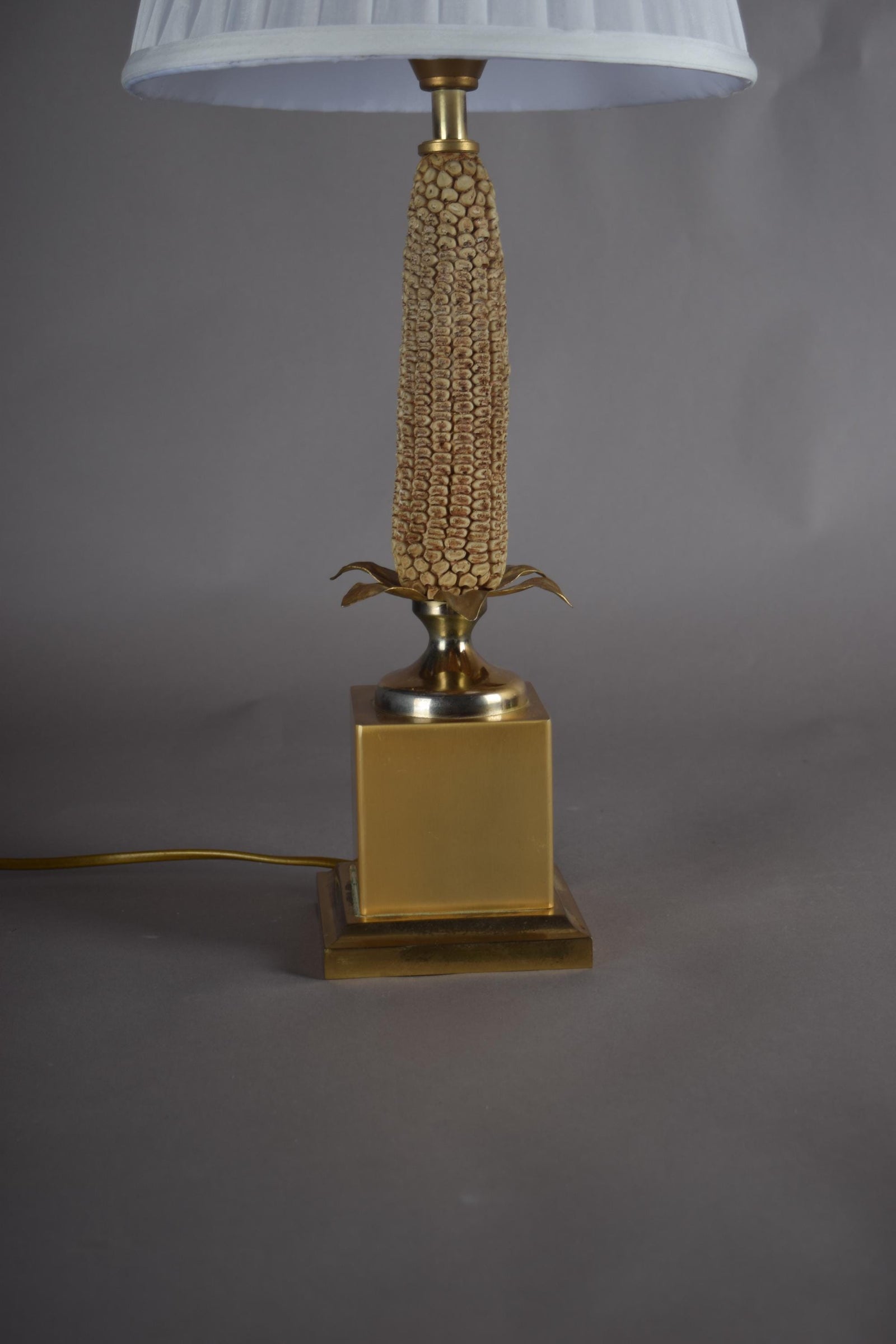 Mid-Century Brass Corn Table Lamp with Pleated Shade, 1970s
