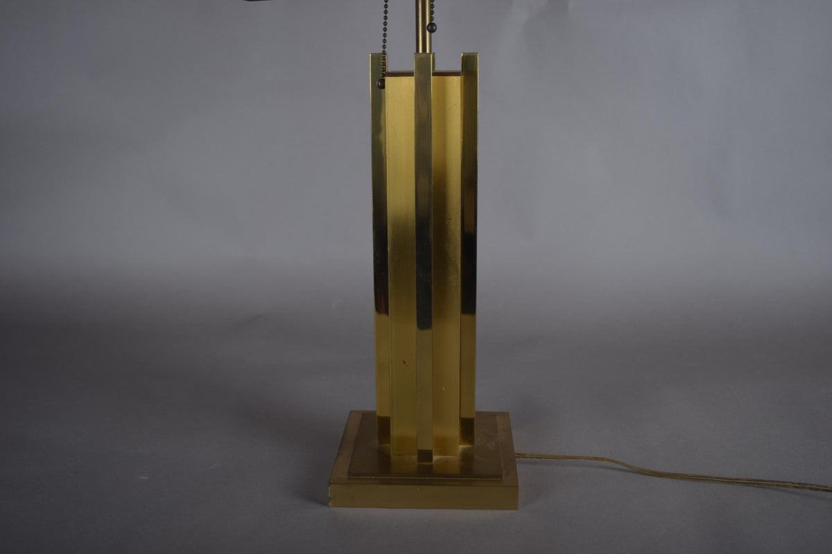 Willy Rizzo Style Brass Table Lamp, 1970s Italy, Skyscraper Column Design, Dual Pull Chain Lamp