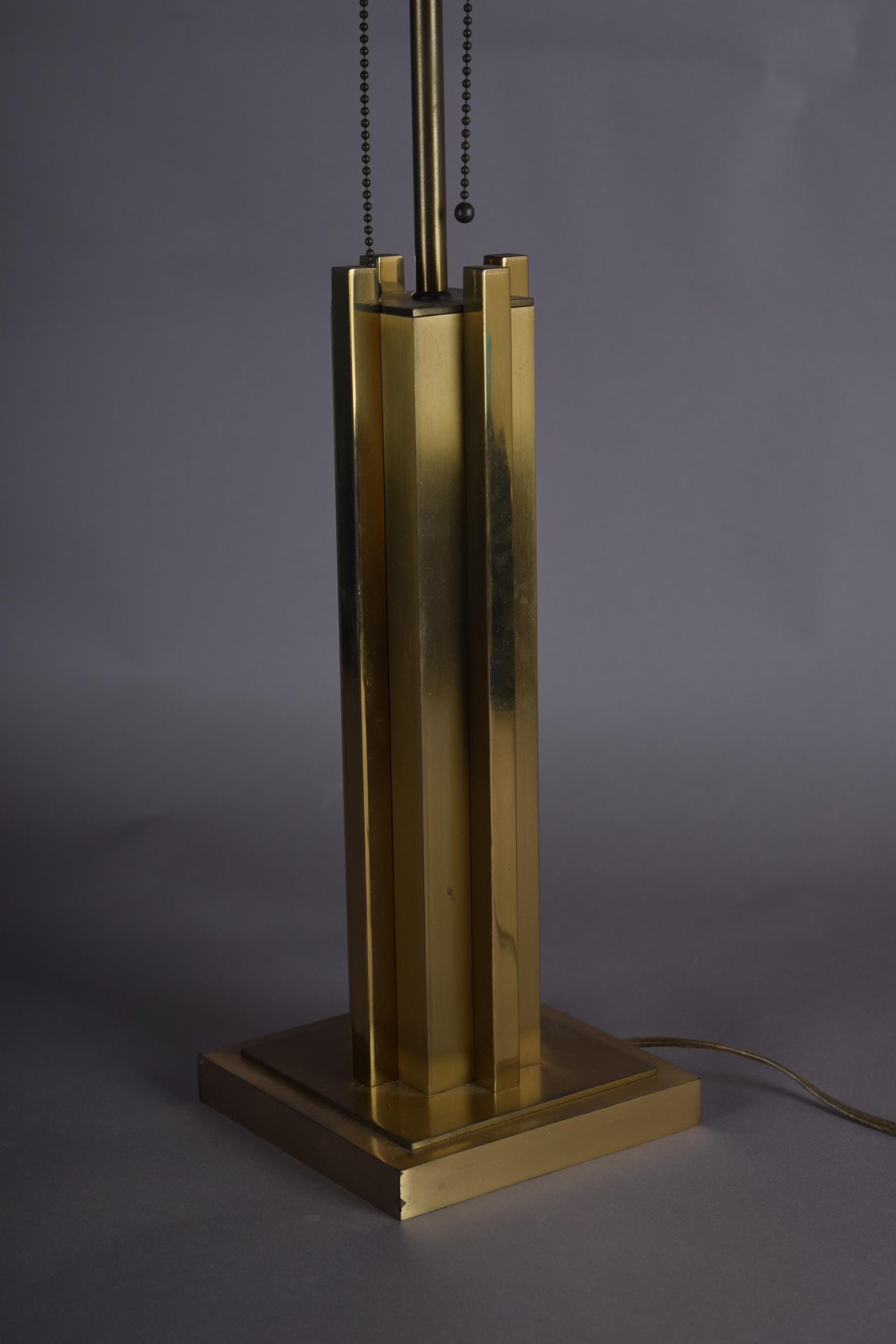 Willy Rizzo Style Brass Table Lamp, 1970s Italy, Skyscraper Column Design, Dual Pull Chain Lamp