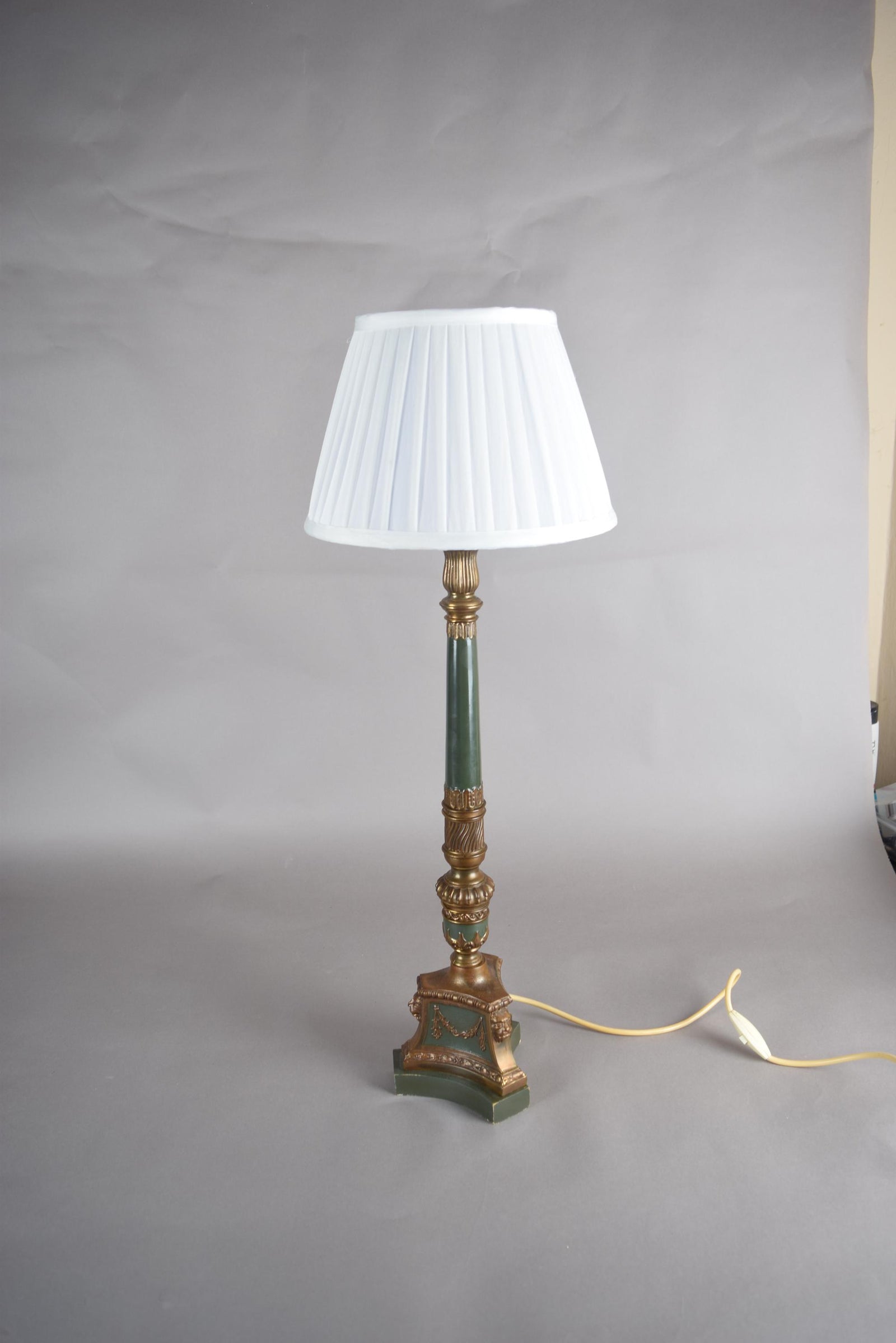 Vintage Brass-Toned Table Lamp, Louis XVI Style, Green Column with Pleated Shade, 1950s