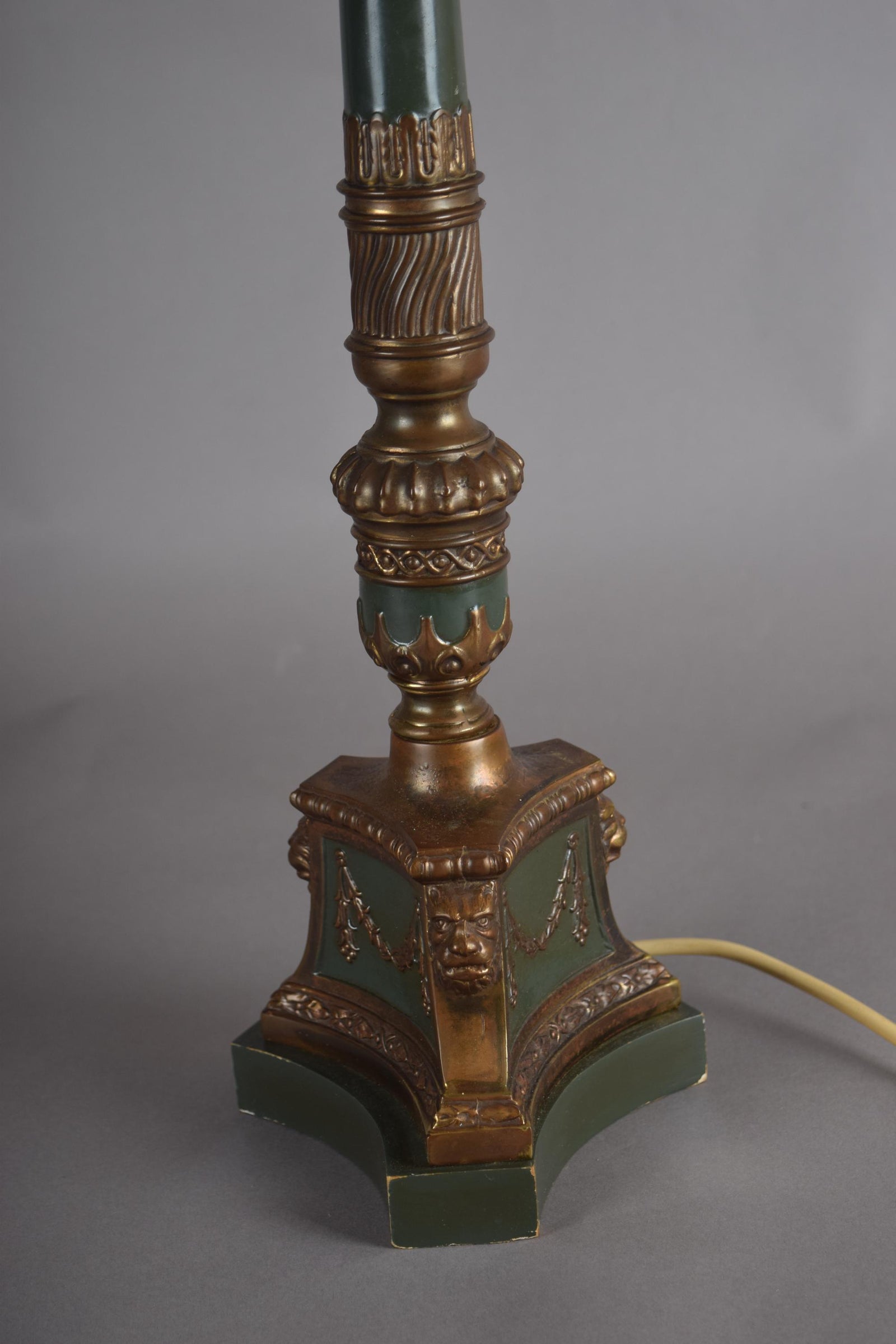 Vintage Brass-Toned Table Lamp, Louis XVI Style, Green Column with Pleated Shade, 1950s