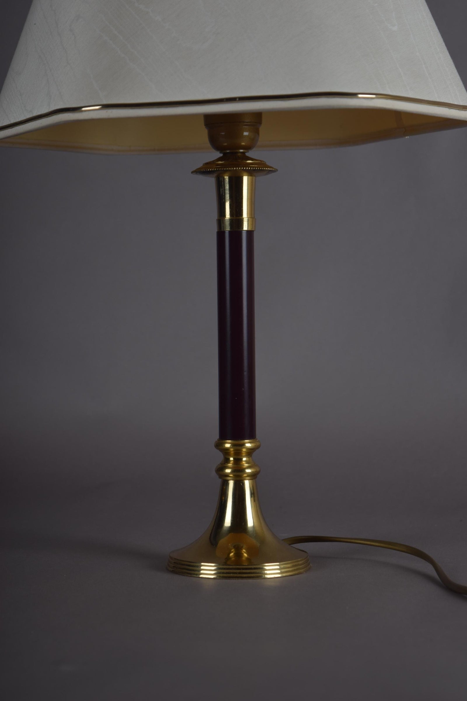 Vintage Brass Table Lamp, Burgundy Column, White Shade with Gold Trim, Hollywood Regency Style, 1980s