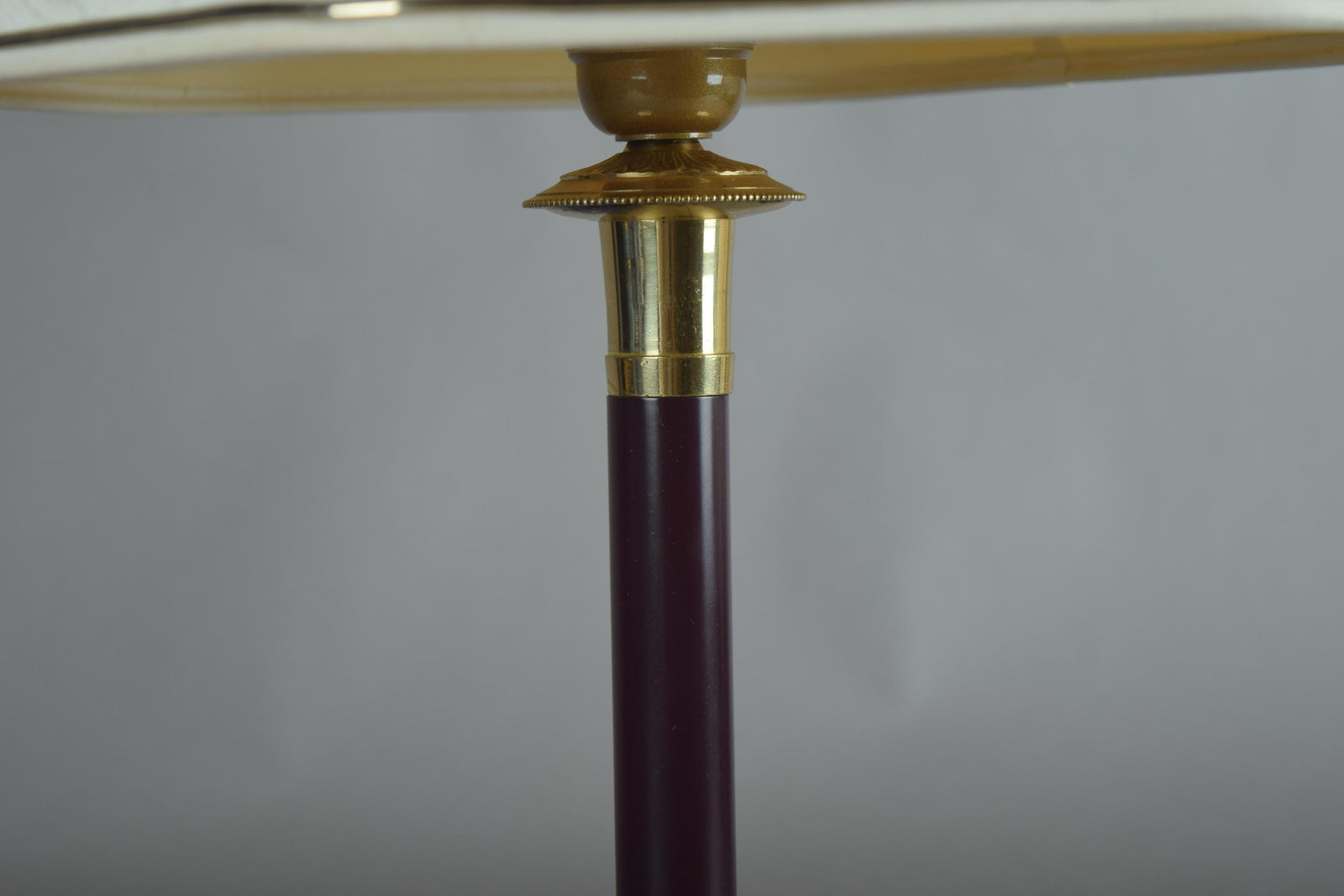 Vintage Brass Table Lamp, Burgundy Column, White Shade with Gold Trim, Hollywood Regency Style, 1980s