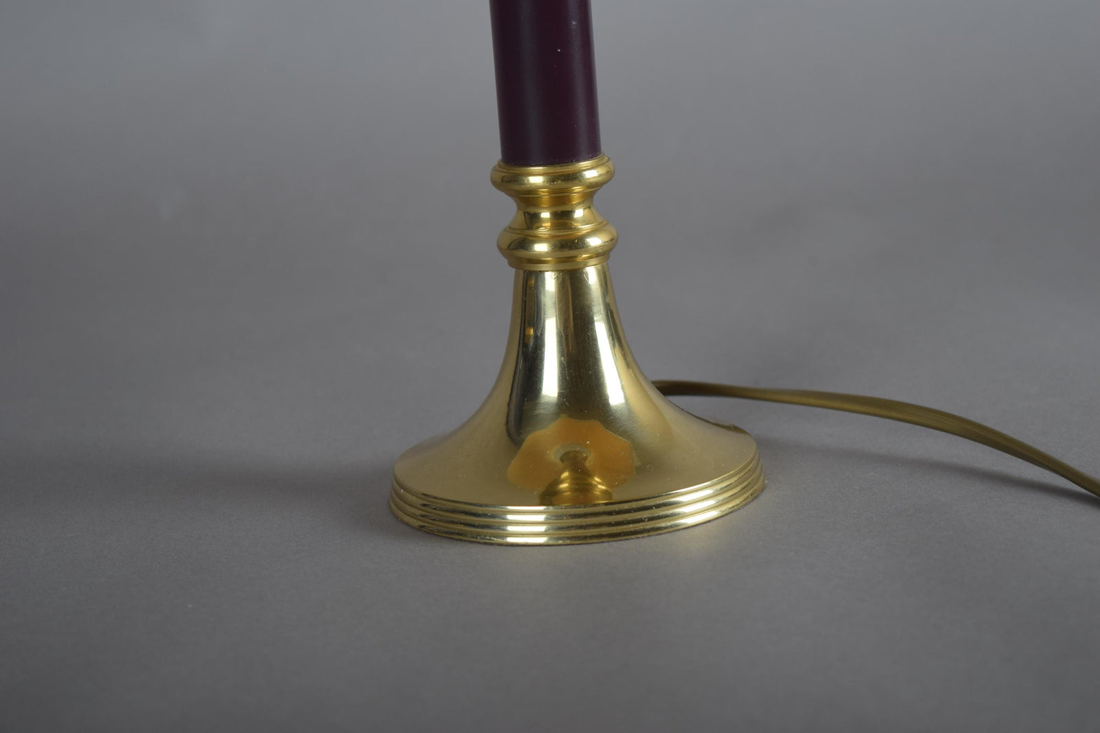 Vintage Brass Table Lamp, Burgundy Column, White Shade with Gold Trim, Hollywood Regency Style, 1980s