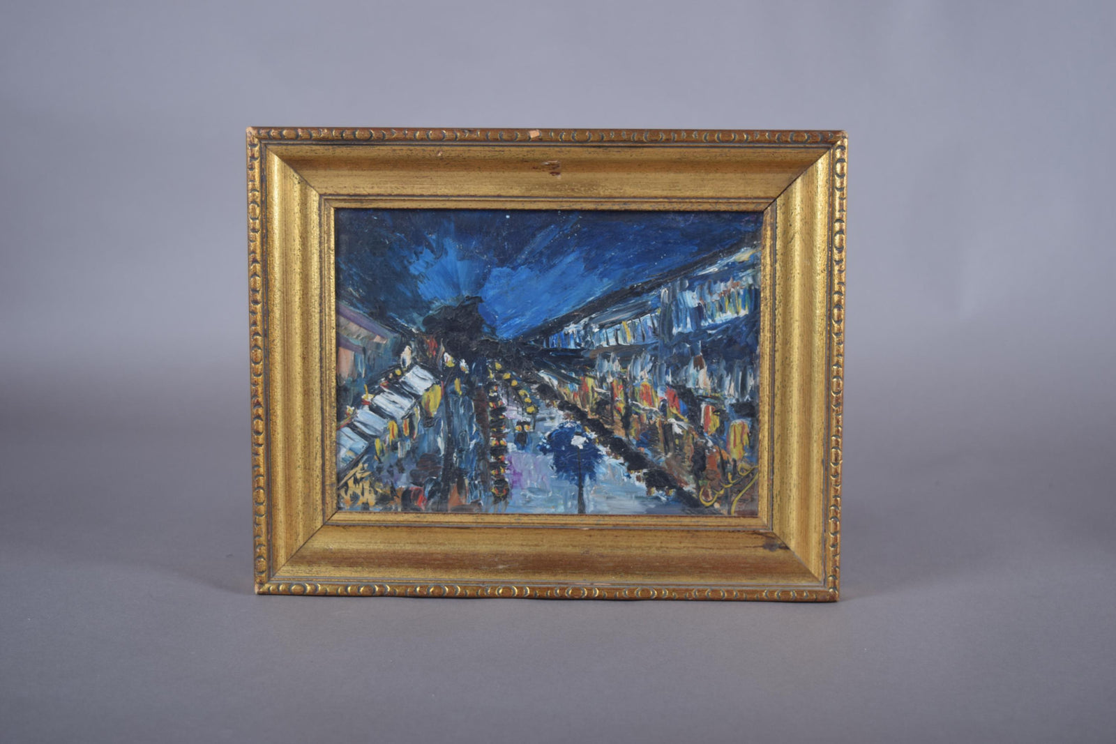 Impressionist Night Street Scene, Oil on Panel, Signed Cuca, Gilt Frame, 1950s