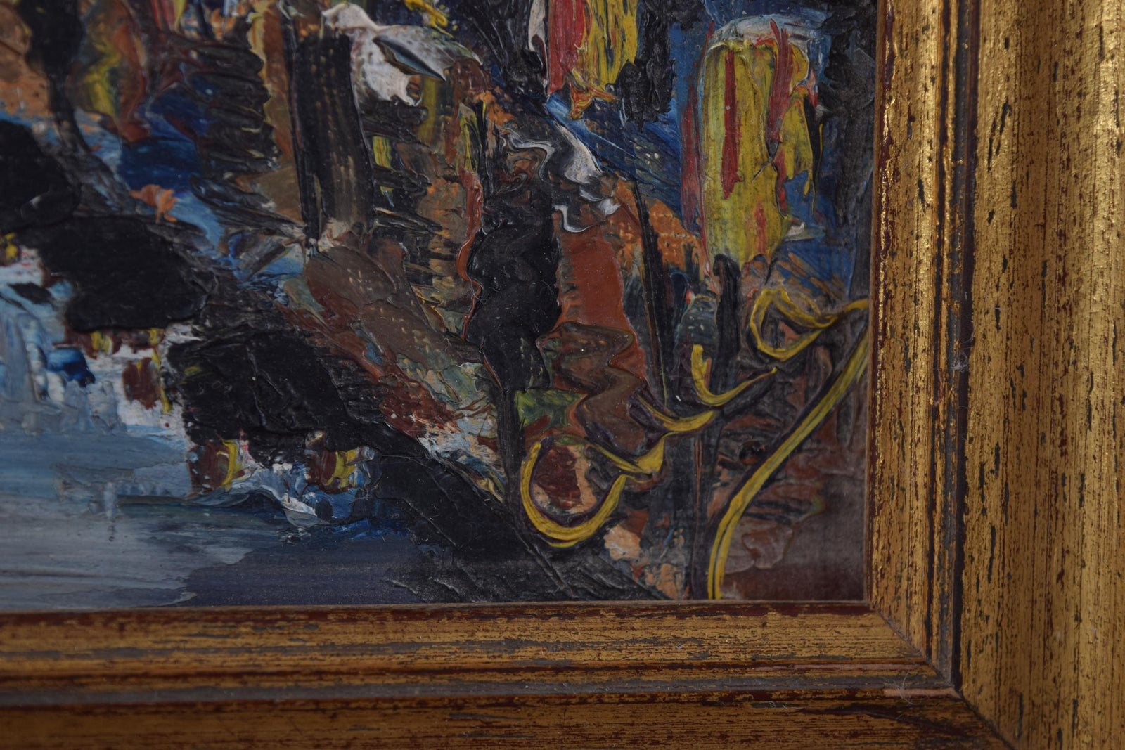 Impressionist Night Street Scene, Oil on Panel, Signed Cuca, Gilt Frame, 1950s