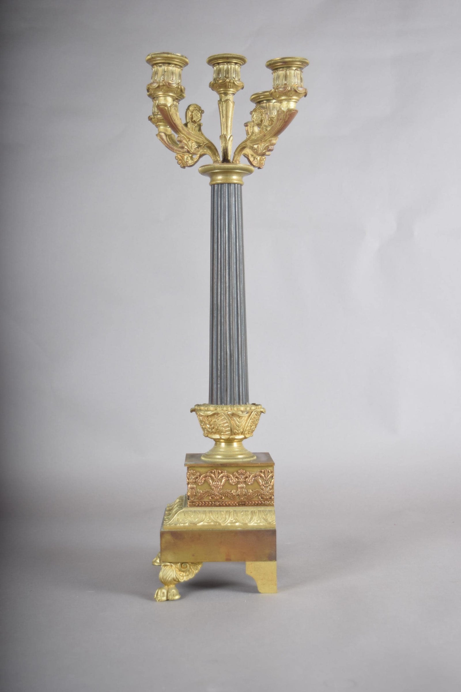 Antique Gilt Bronze Candelabra, Fluted Column with Figural Arms — French, 19th Century