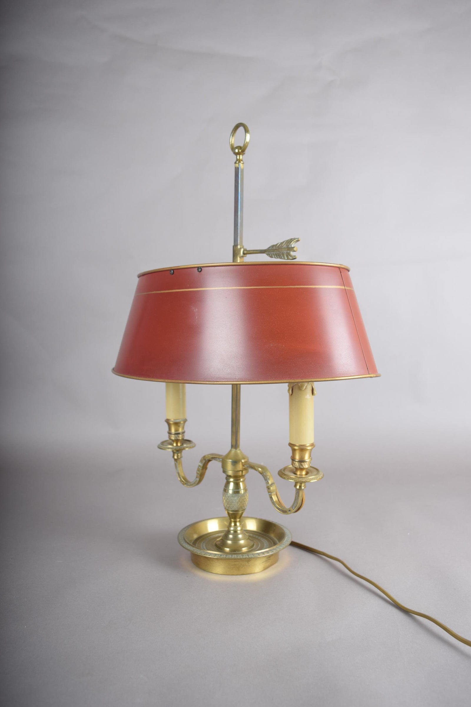 French Bouillotte Lamp, Brass Two-Light Base with Red Tôle Shade, 1930s