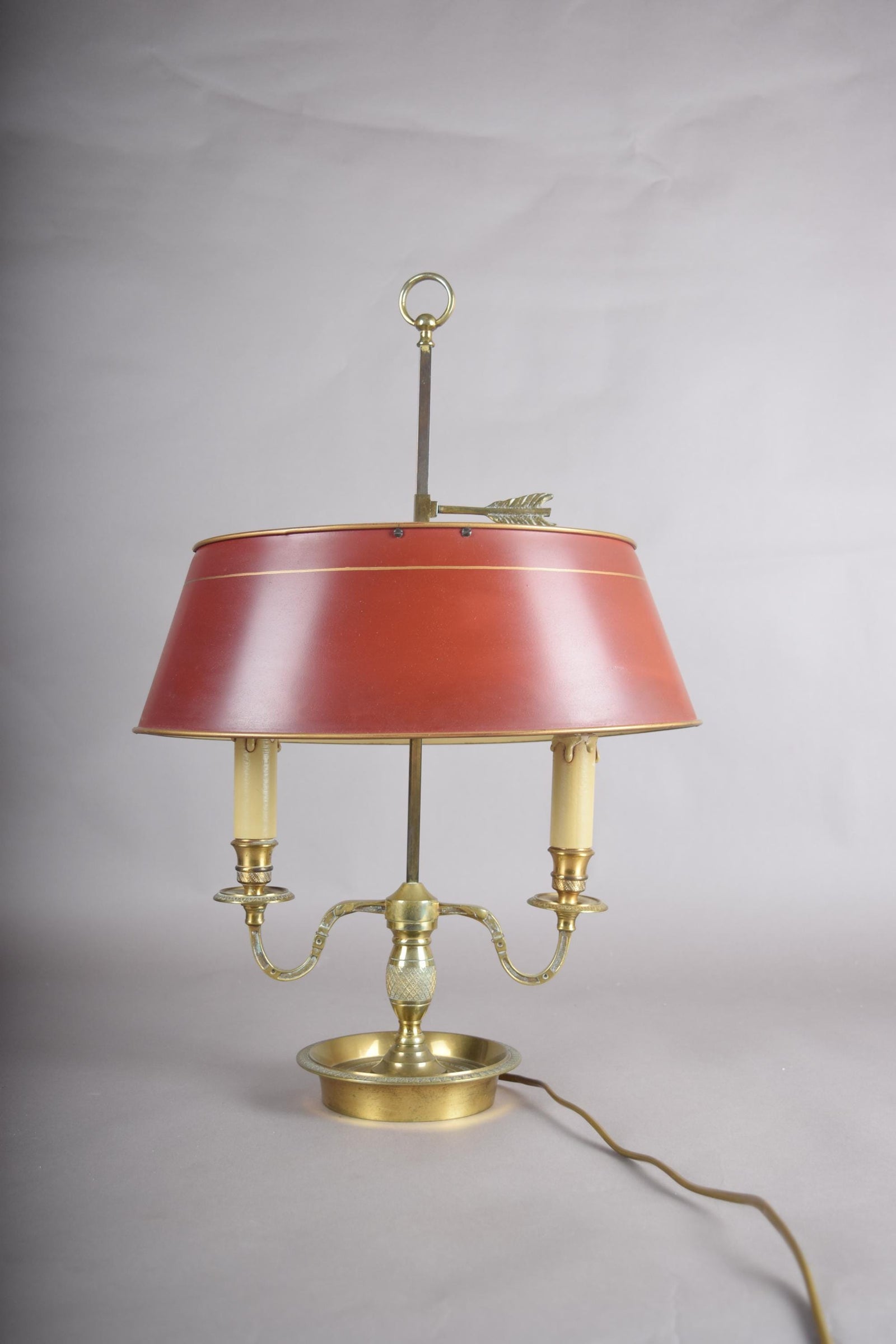 French Bouillotte Lamp, Brass Two-Light Base with Red Tôle Shade, 1930s