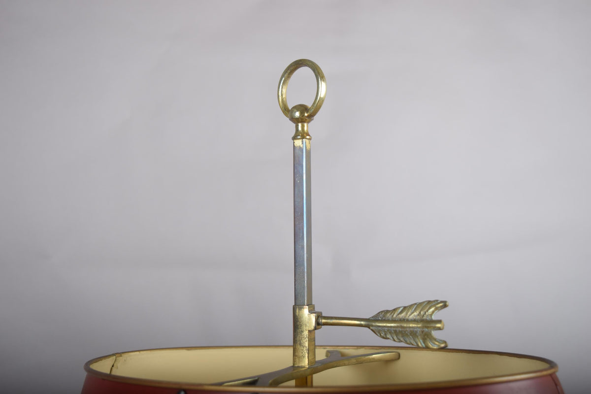 French Bouillotte Lamp, Brass Two-Light Base with Red Tôle Shade, 1930s