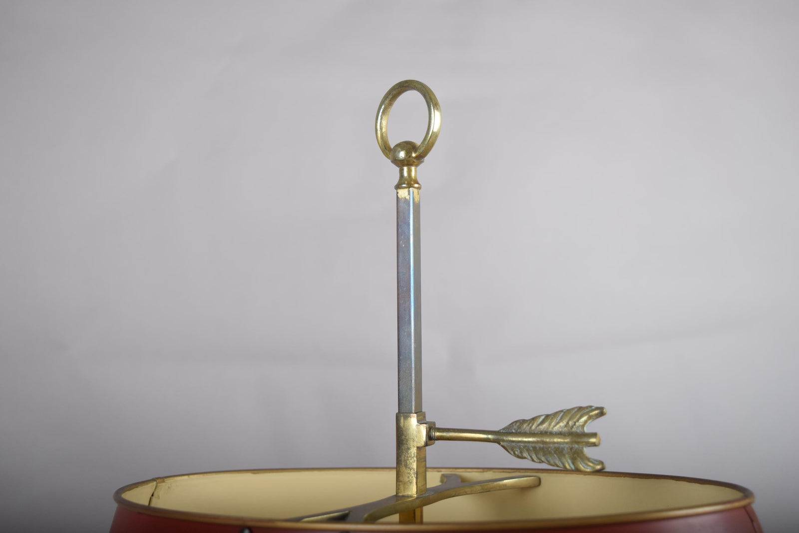 French Bouillotte Lamp, Brass Two-Light Base with Red Tôle Shade, 1930s