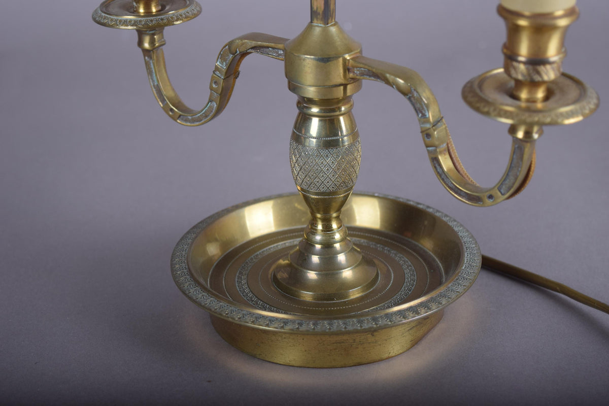 French Bouillotte Lamp, Brass Two-Light Base with Red Tôle Shade, 1930s