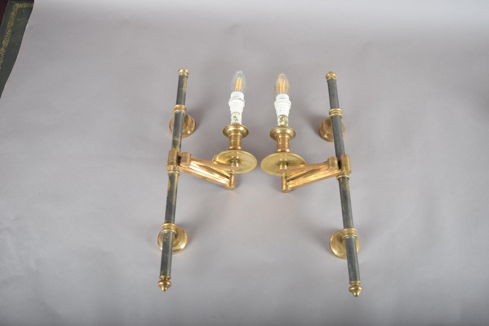 Pair of Brass and Dark Metal Swing-Arm Wall Sconces, Articulated Task Lighting, 1960s