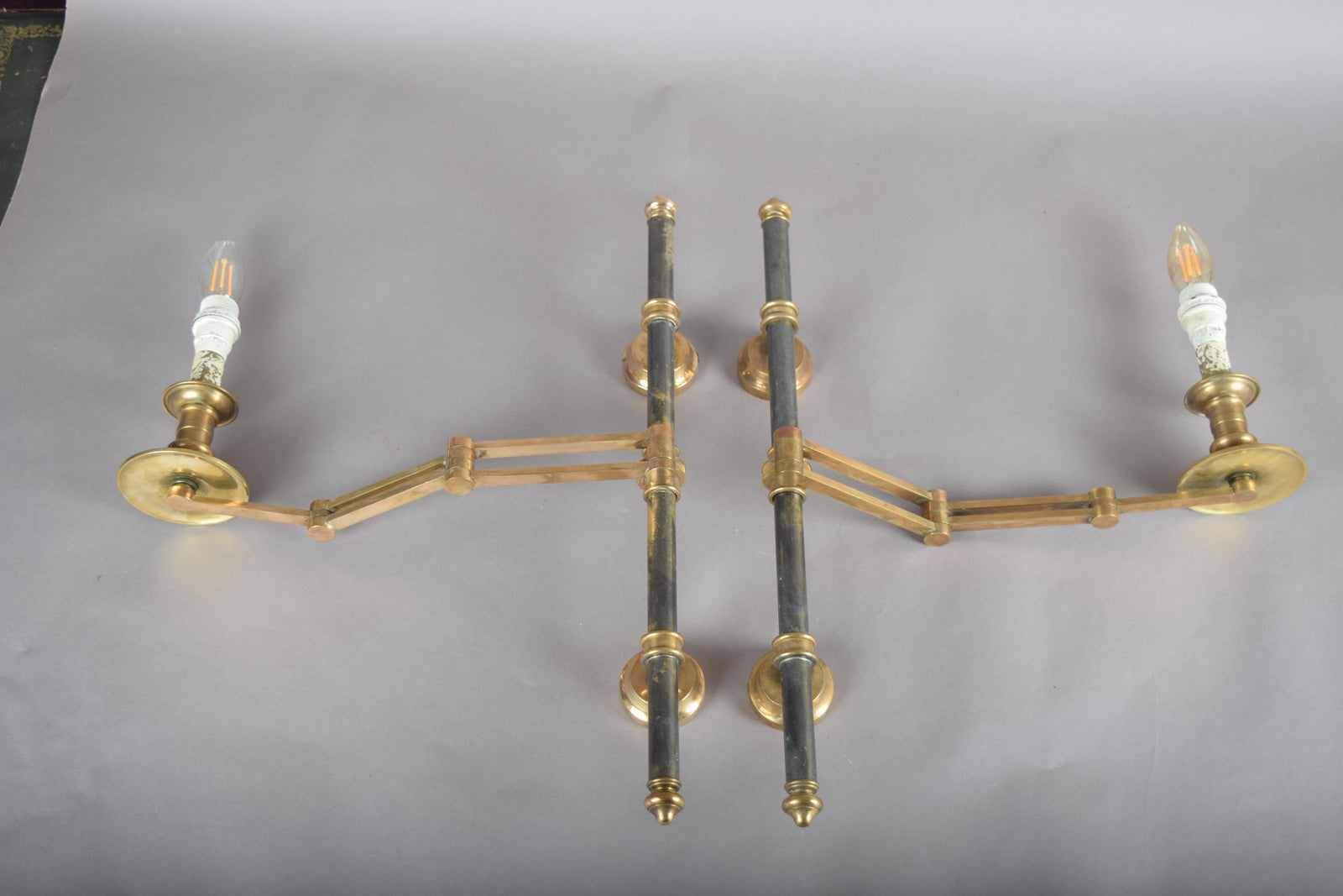 Pair of Brass and Dark Metal Swing-Arm Wall Sconces, Articulated Task Lighting, 1960s