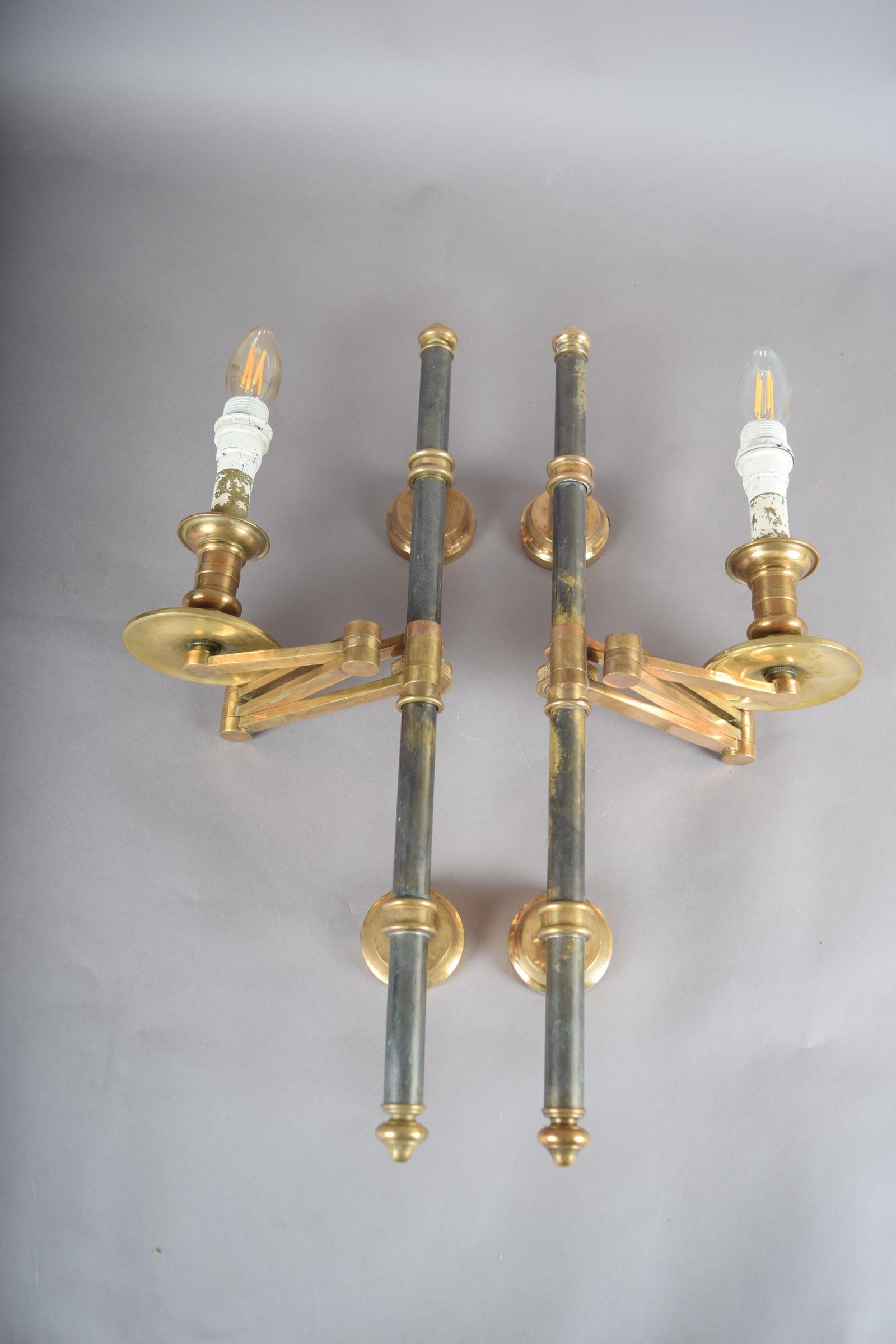 Pair of Brass and Dark Metal Swing-Arm Wall Sconces, Articulated Task Lighting, 1960s