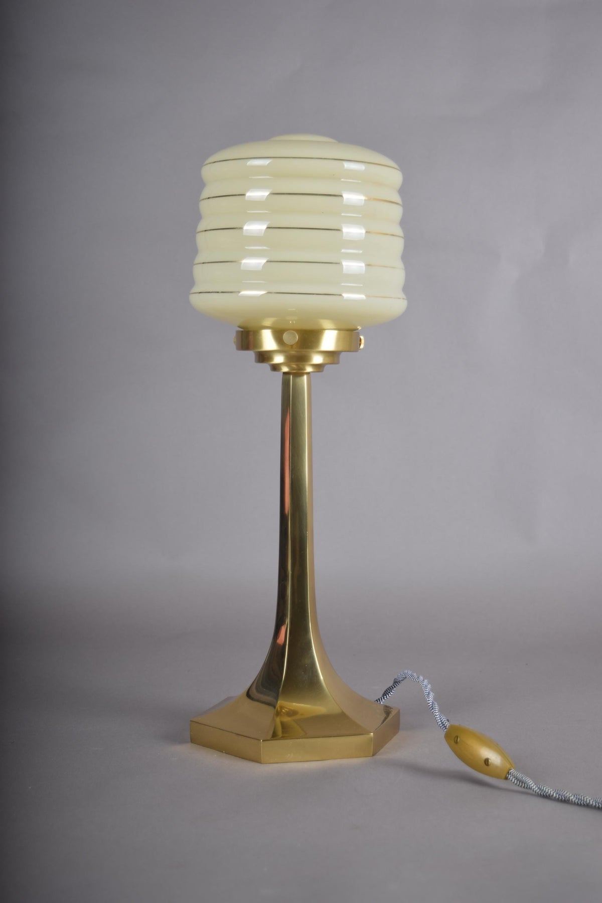 Josef Hoffmann Style Table Lamp, Brass Base with Ribbed Opaline Glass Shade, Wiener Werkstätte Inspired