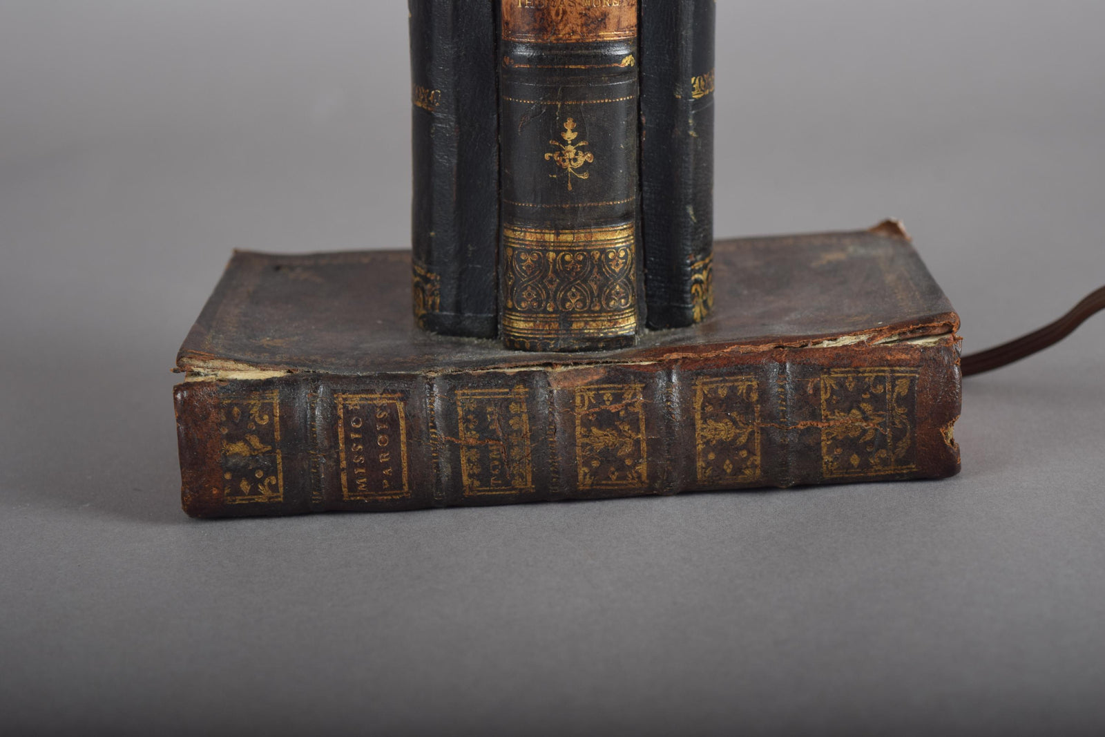 Antique Leather Book Stack Table Lamp — Gilt-Tooled Bindings, Library Accent
