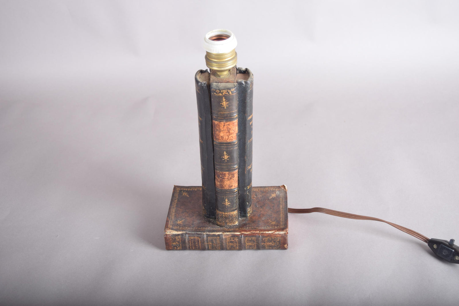 Antique Leather Book Stack Table Lamp — Gilt-Tooled Bindings, Library Accent