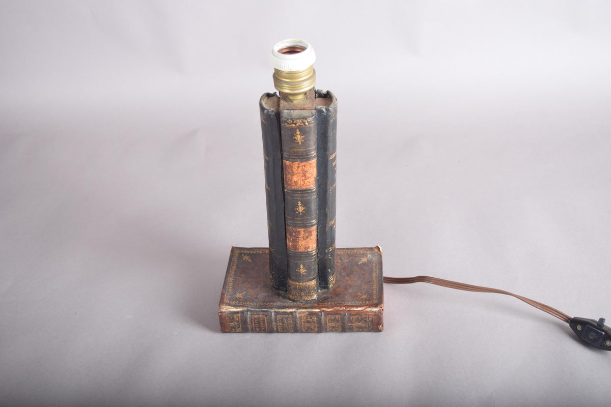 Antique Leather Book Stack Table Lamp — Gilt-Tooled Bindings, Library Accent