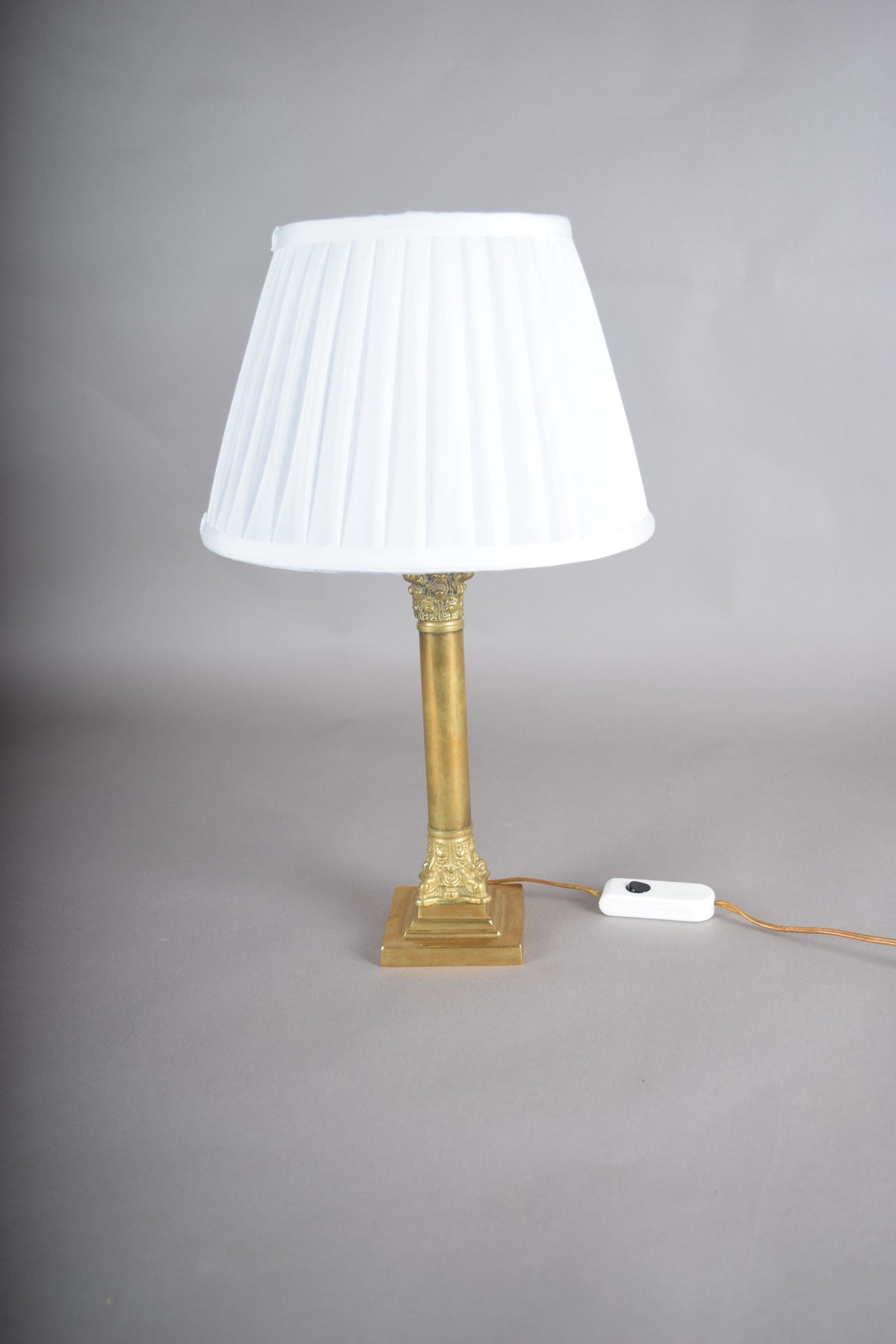 Vintage Brass Column Table Lamp, Ornate Capital and Base — 1950s