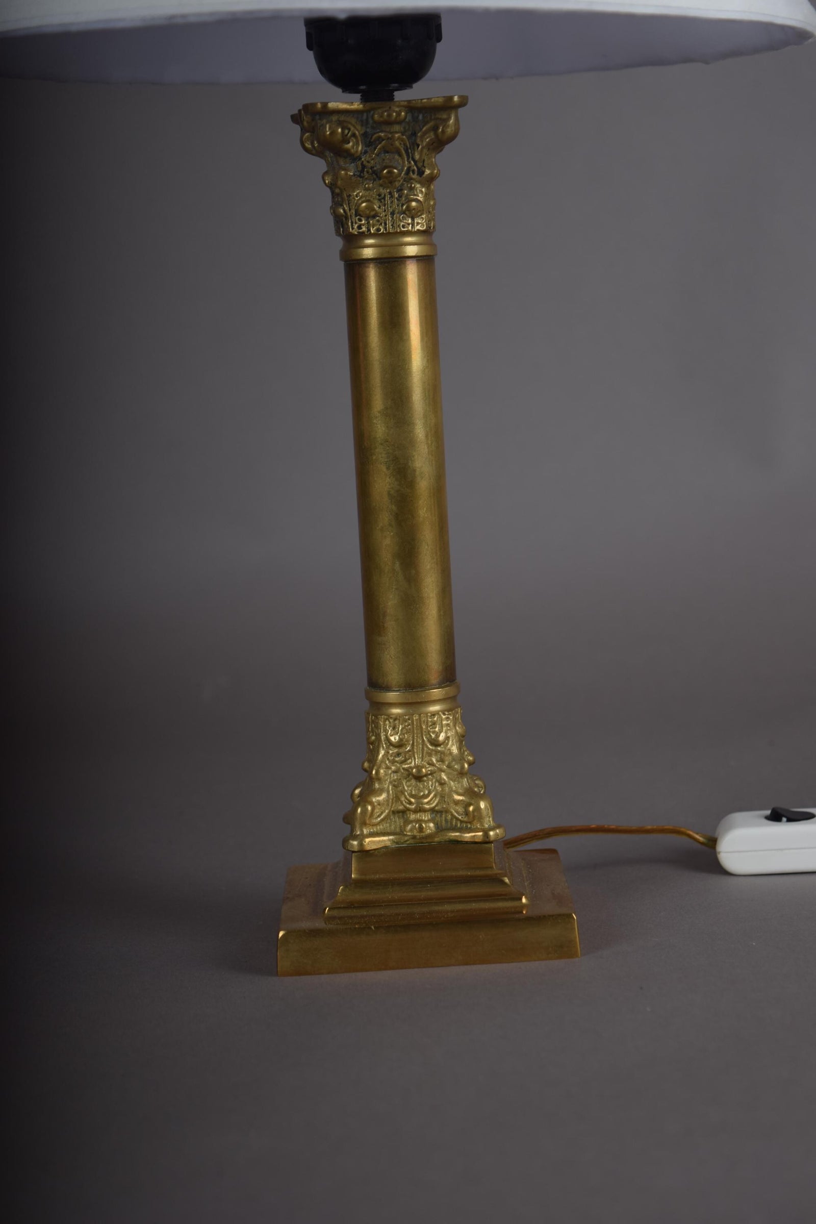 Vintage Brass Column Table Lamp, Ornate Capital and Base — 1950s