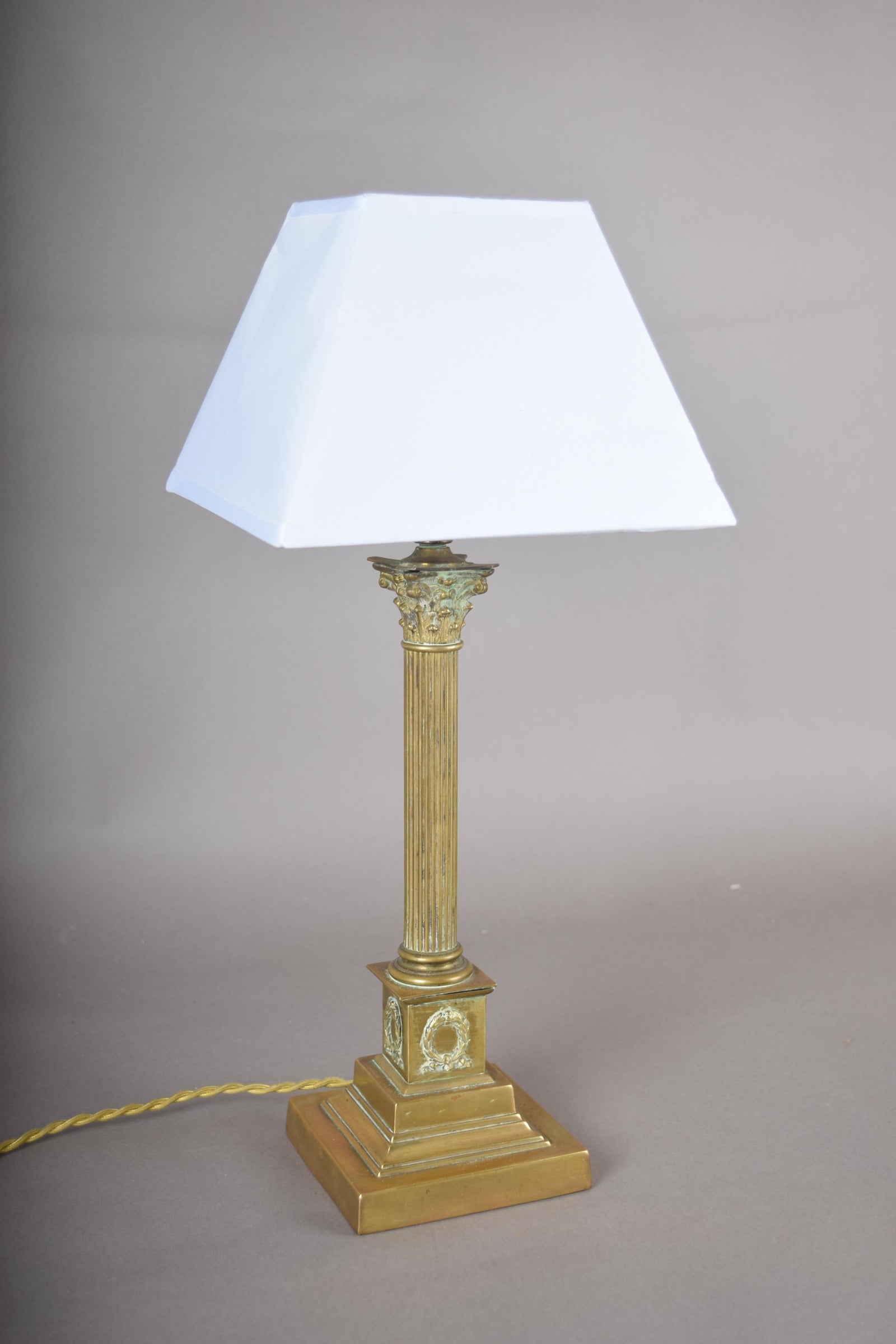 Vintage Brass Column Table Lamp, Fluted Neoclassical Style, Laurel Wreath Base, 1930s
